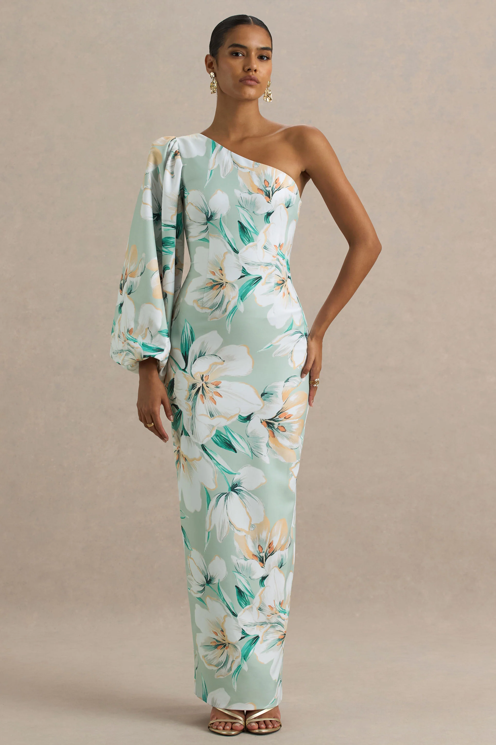 Kellis | Green Floral Print Asymmetric Maxi Dress With Balloon Sleeve - Image 6
