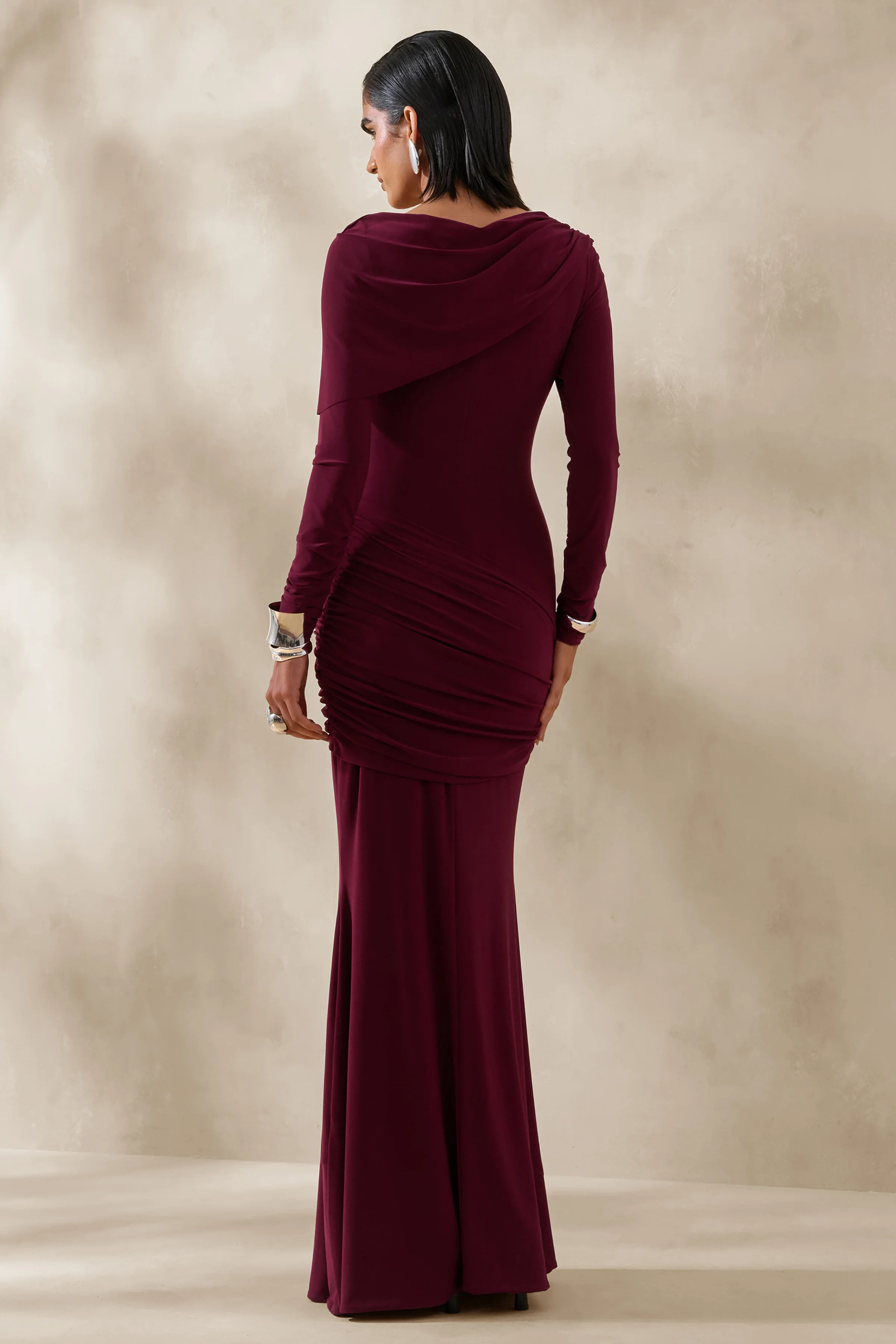 Kessara | Burgundy Asymmetric-Neck Maxi Dress With Sash And Gathered-Detailing - Image 2
