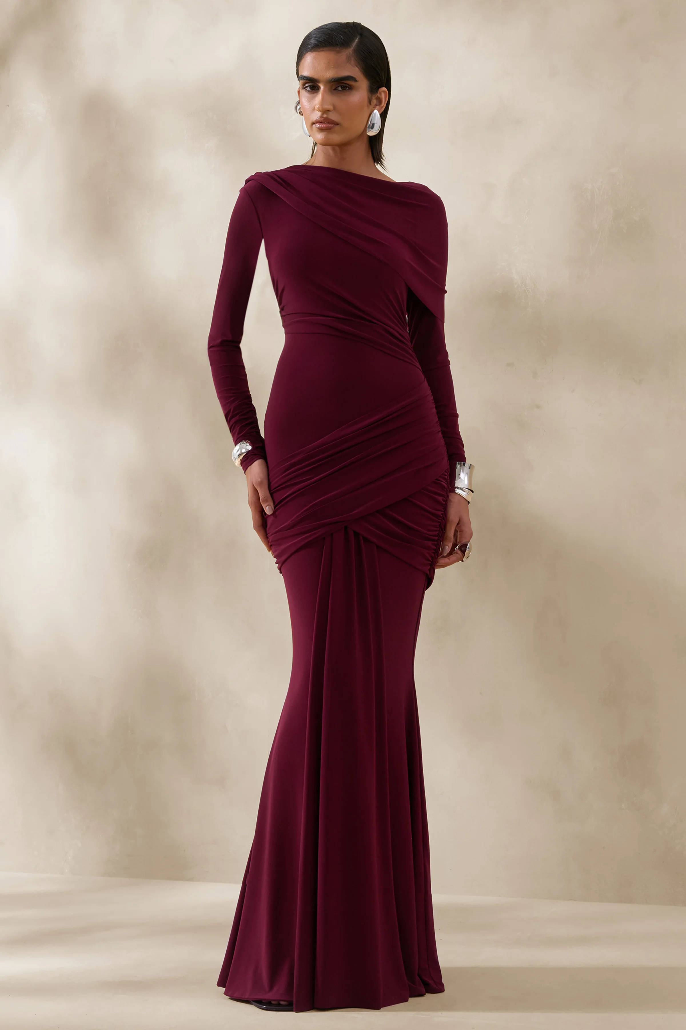 Kessara | Burgundy Asymmetric-Neck Maxi Dress With Sash And Gathered-Detailing - Image 5