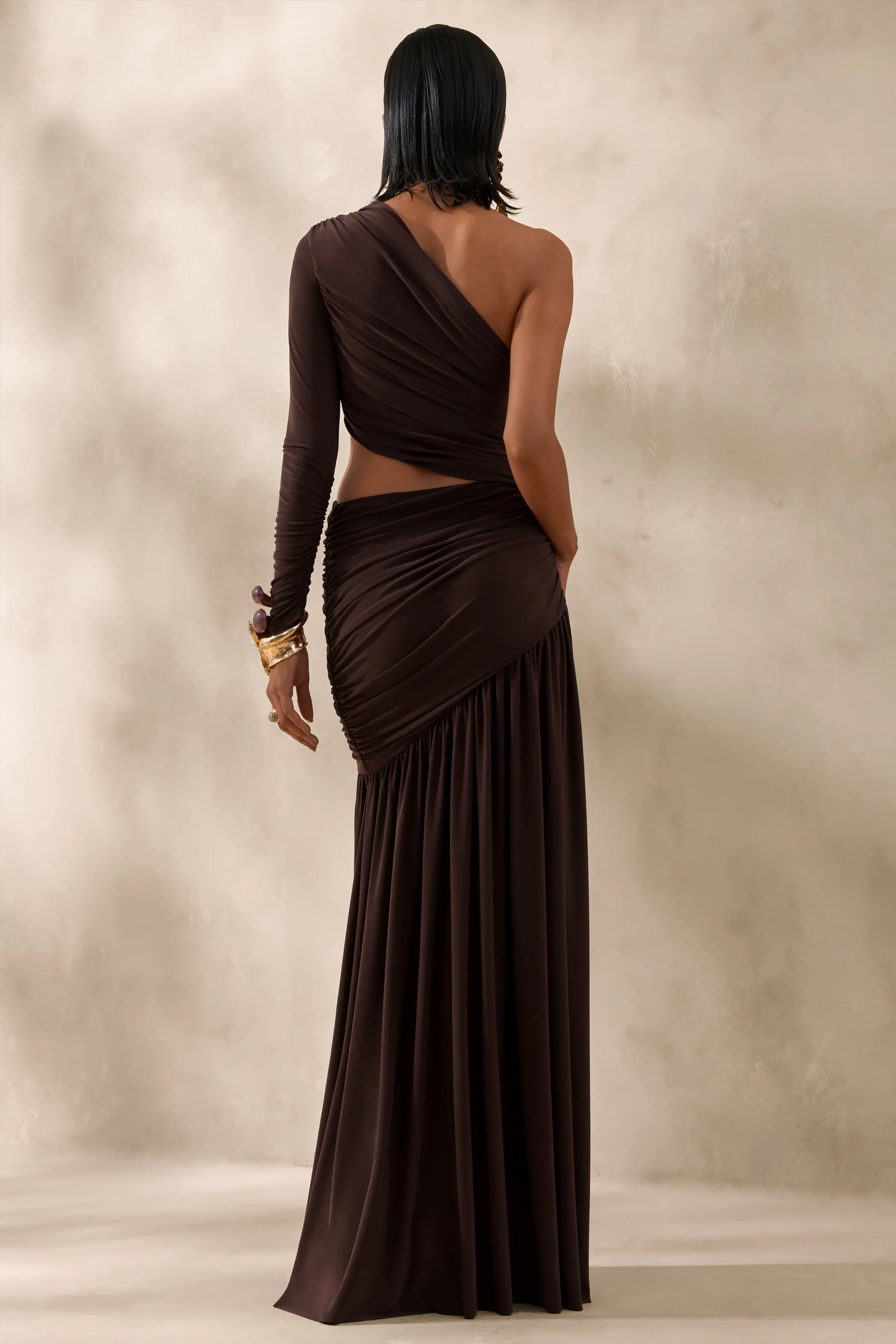 Kinsley | Brown Asymmetric-Neck Maxi Dress With Body Cut-Out Detail - Image 2