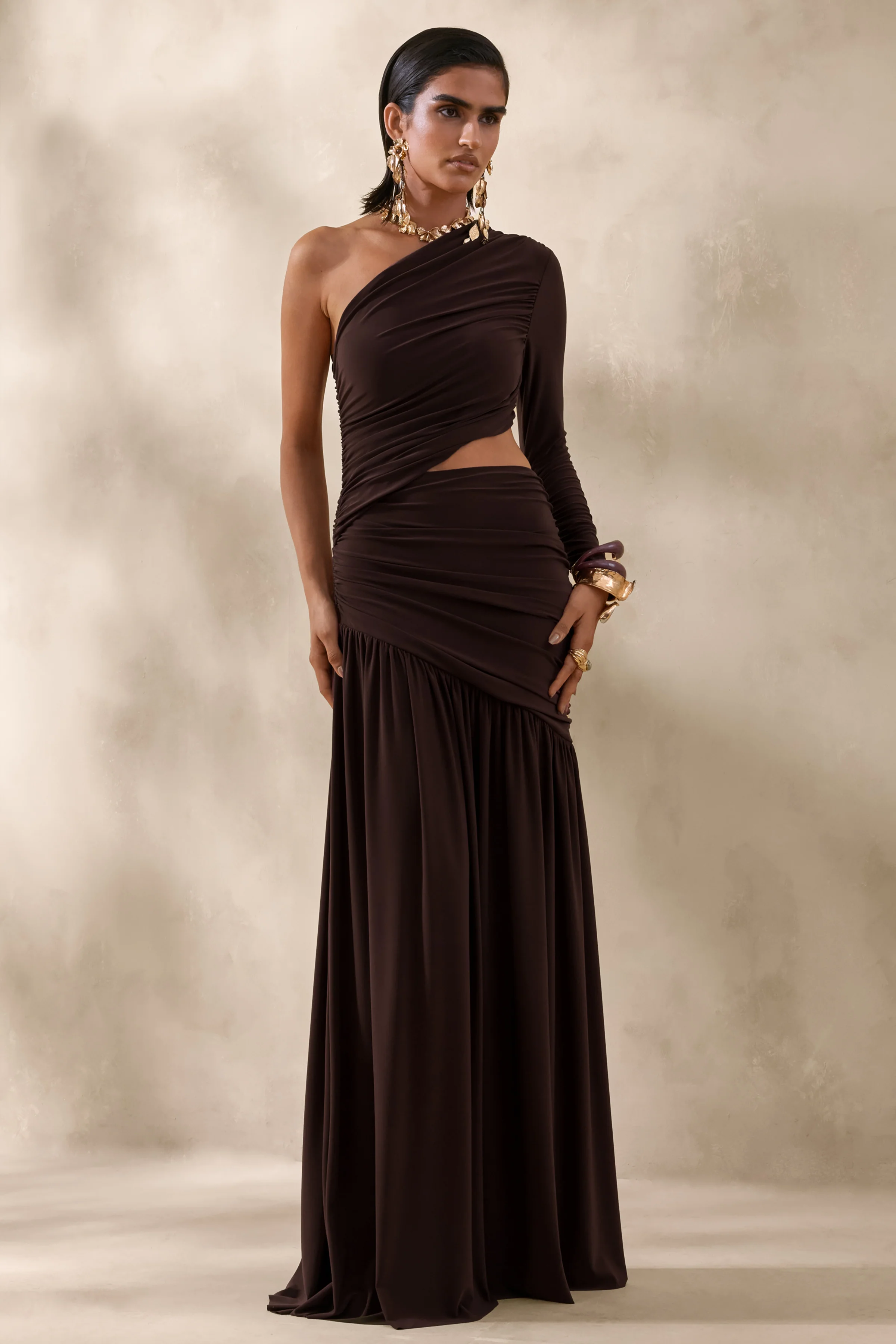 Kinsley | Brown Asymmetric-Neck Maxi Dress With Body Cut-Out Detail - Image 4