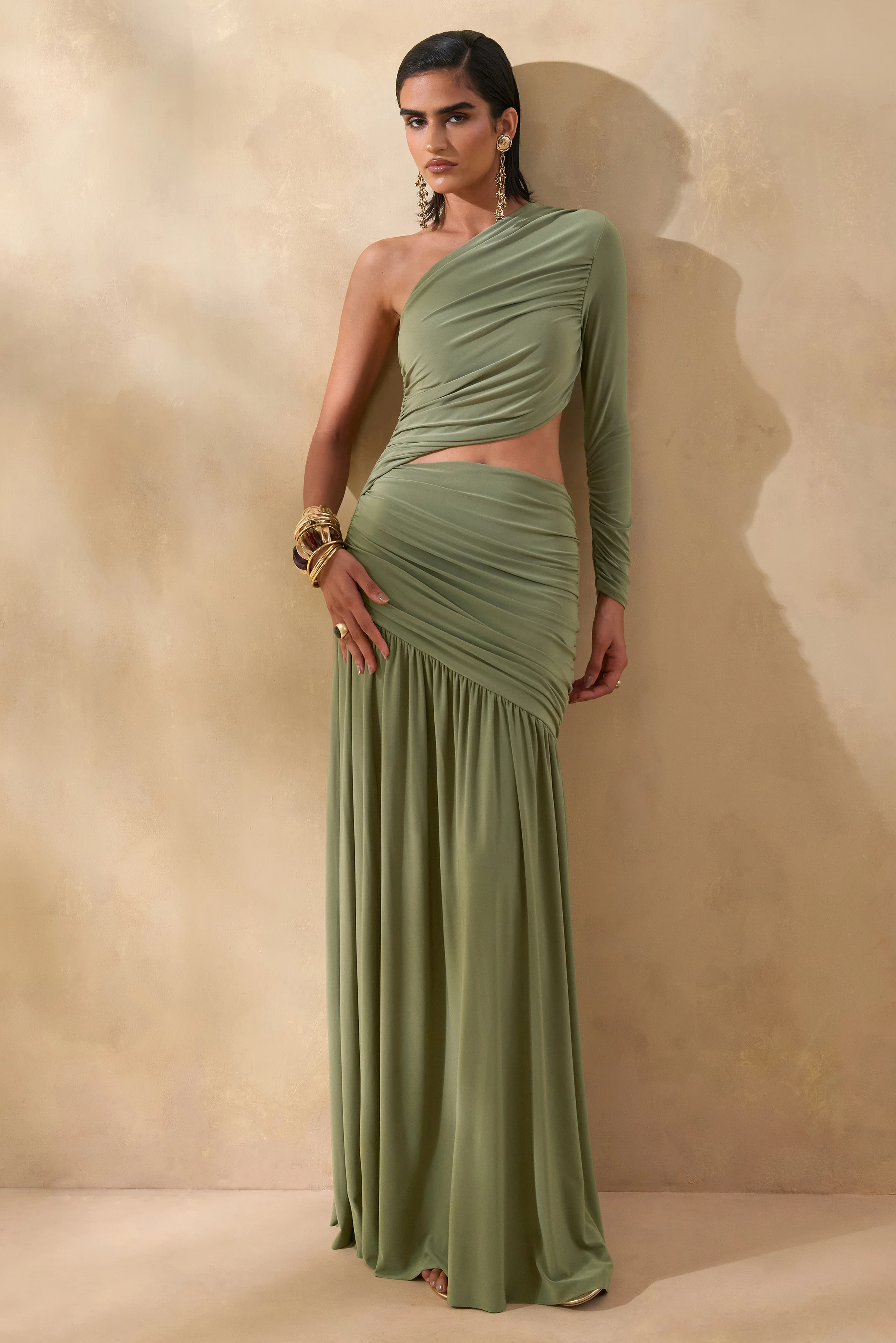 Kinsley | Olive Asymmetric-Neck Maxi Dress With Body Cut-Out Detail - Image 5