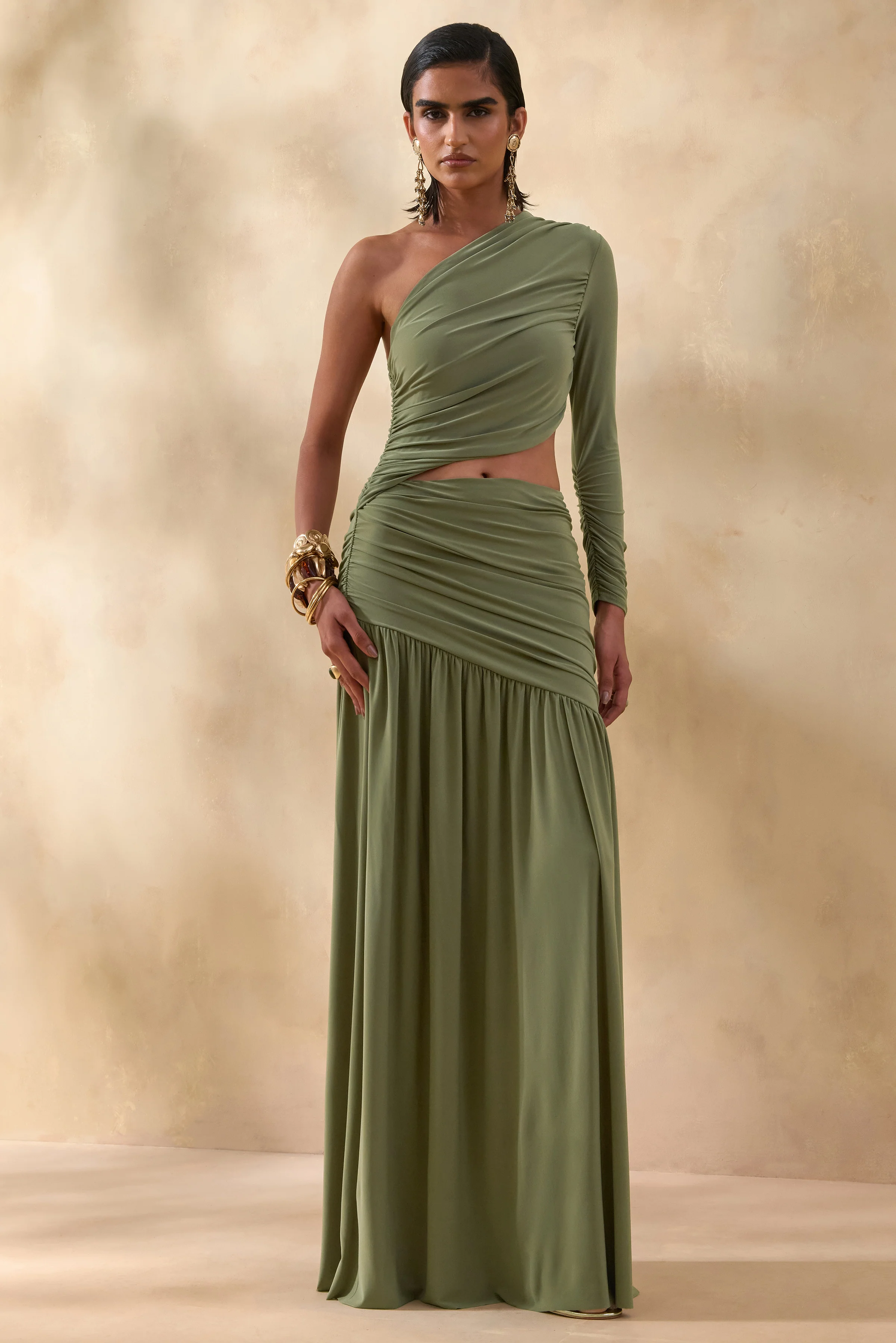 Kinsley | Olive Asymmetric-Neck Maxi Dress With Body Cut-Out Detail - Image 6