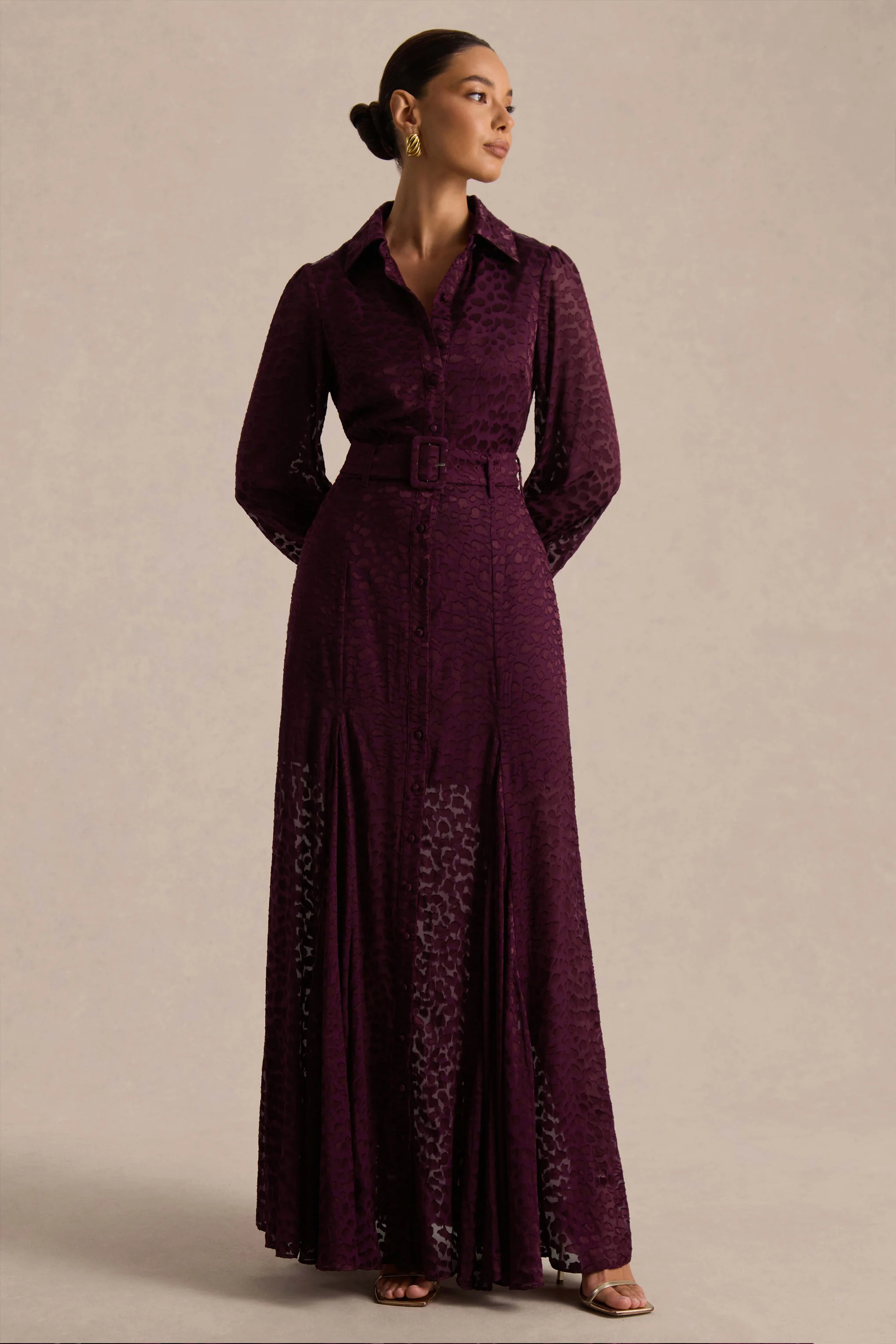 Kirsty | Purple Long Sleeve Shirt Dress With Full Skirt - Image 3
