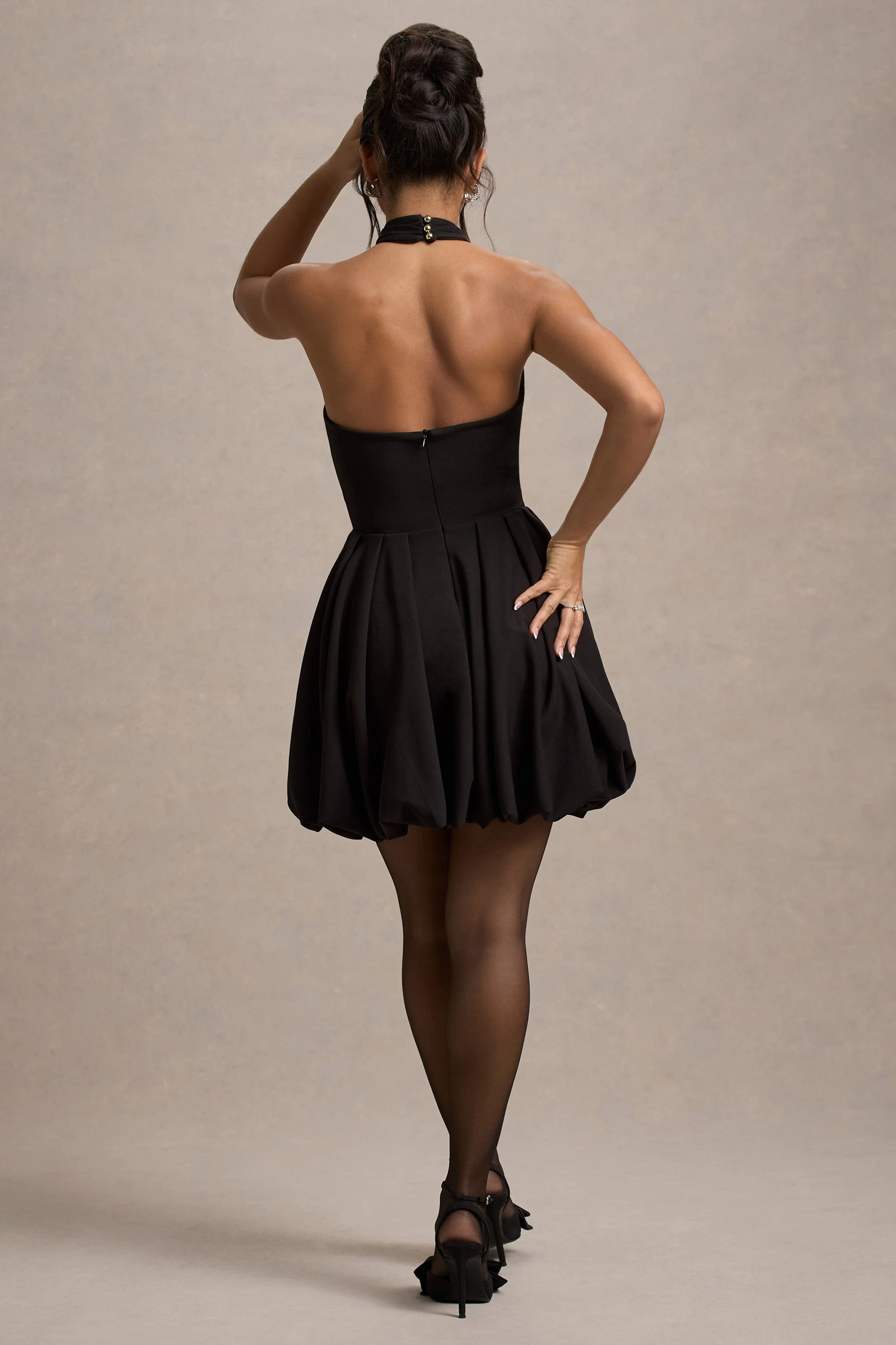 Klytie | Black Halter-Neck Mini Dress With Puff-Ball Skirt - Image 2