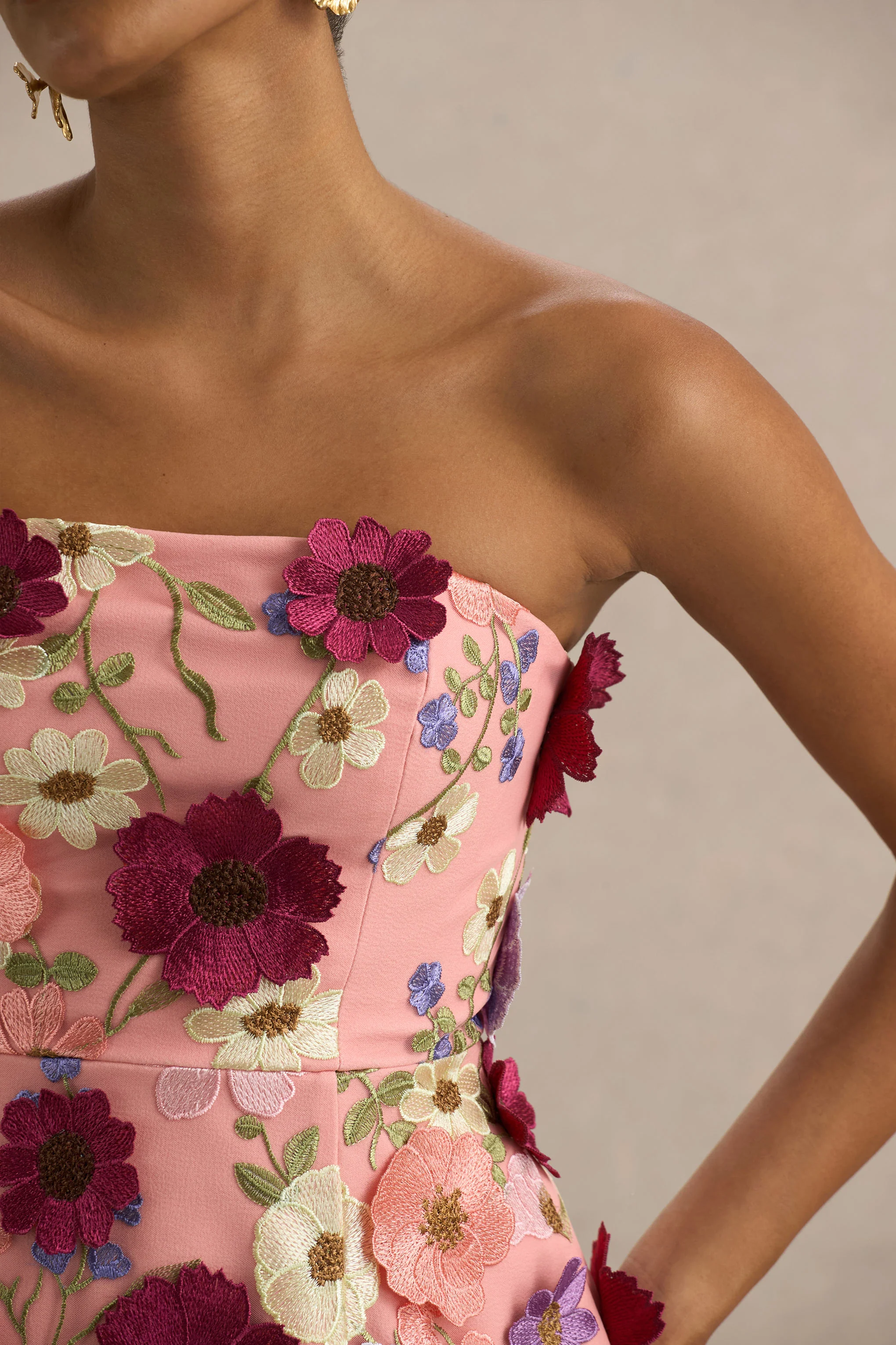 Kristen | Pink Floral Bandeau-Neck Mini Dress - Image 8