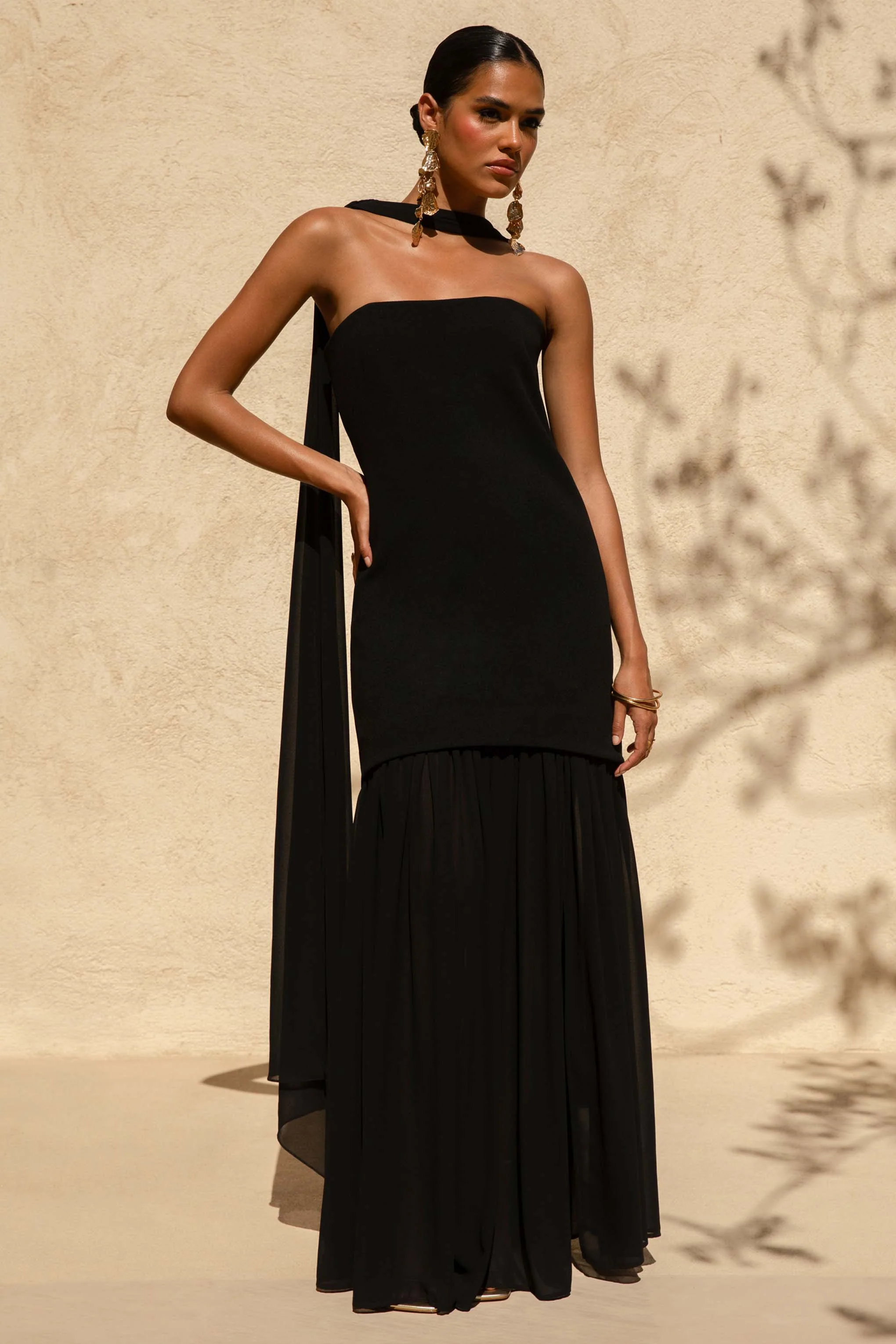Kylie | Black High-Neck Maxi Dress With Chiffon Skirt - Image 6