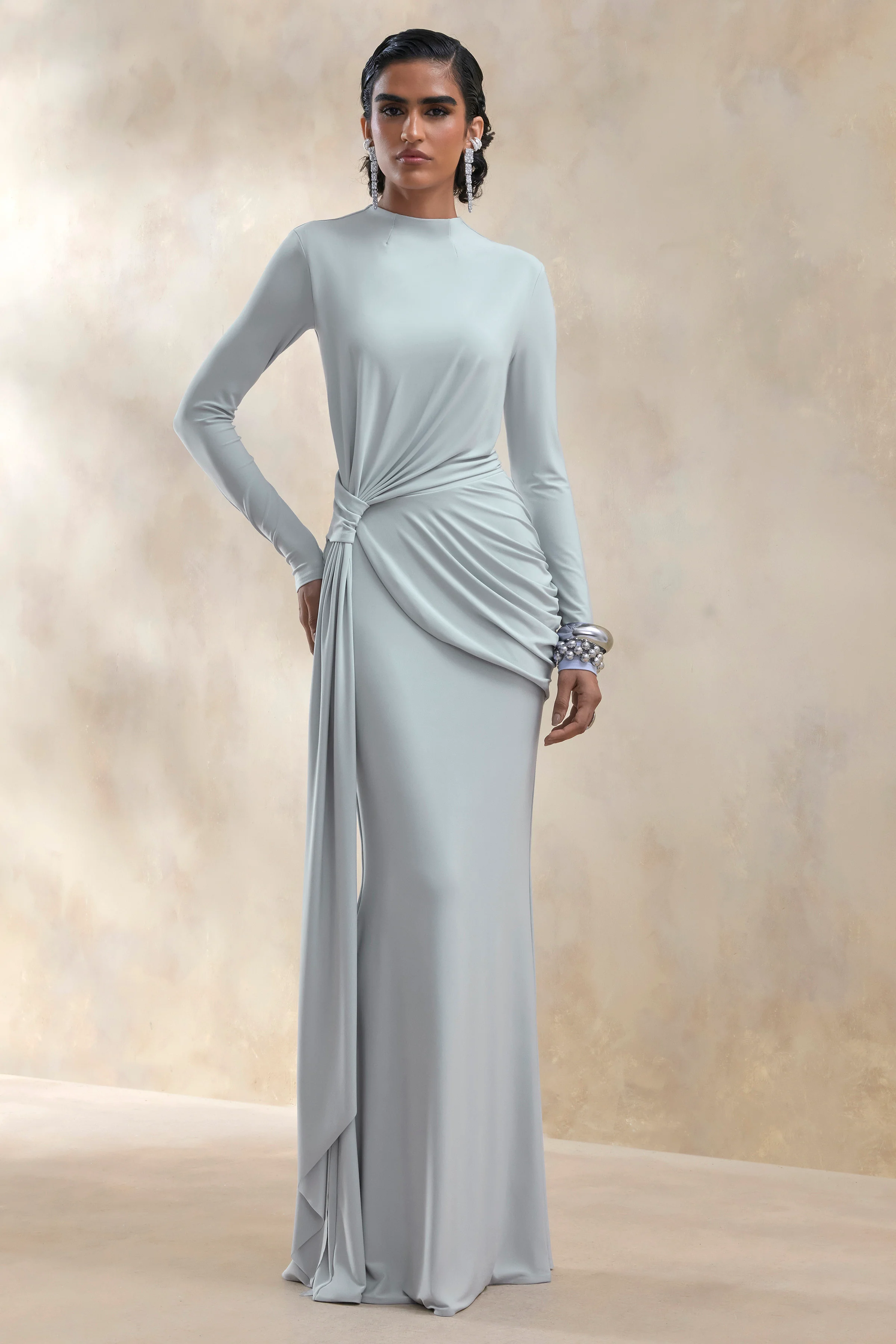 Kyrissa | Blue High-Neck Maxi Dress With Gathered-Detailing - Image 4