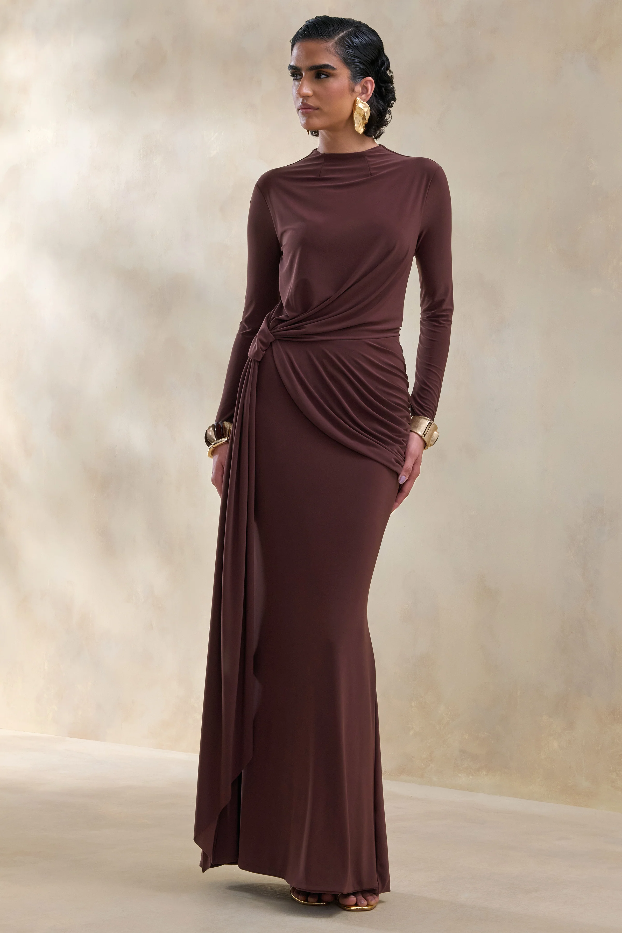 Kyrissa | Brown High-Neck Maxi Dress With Gathered-Detailing - Image 4