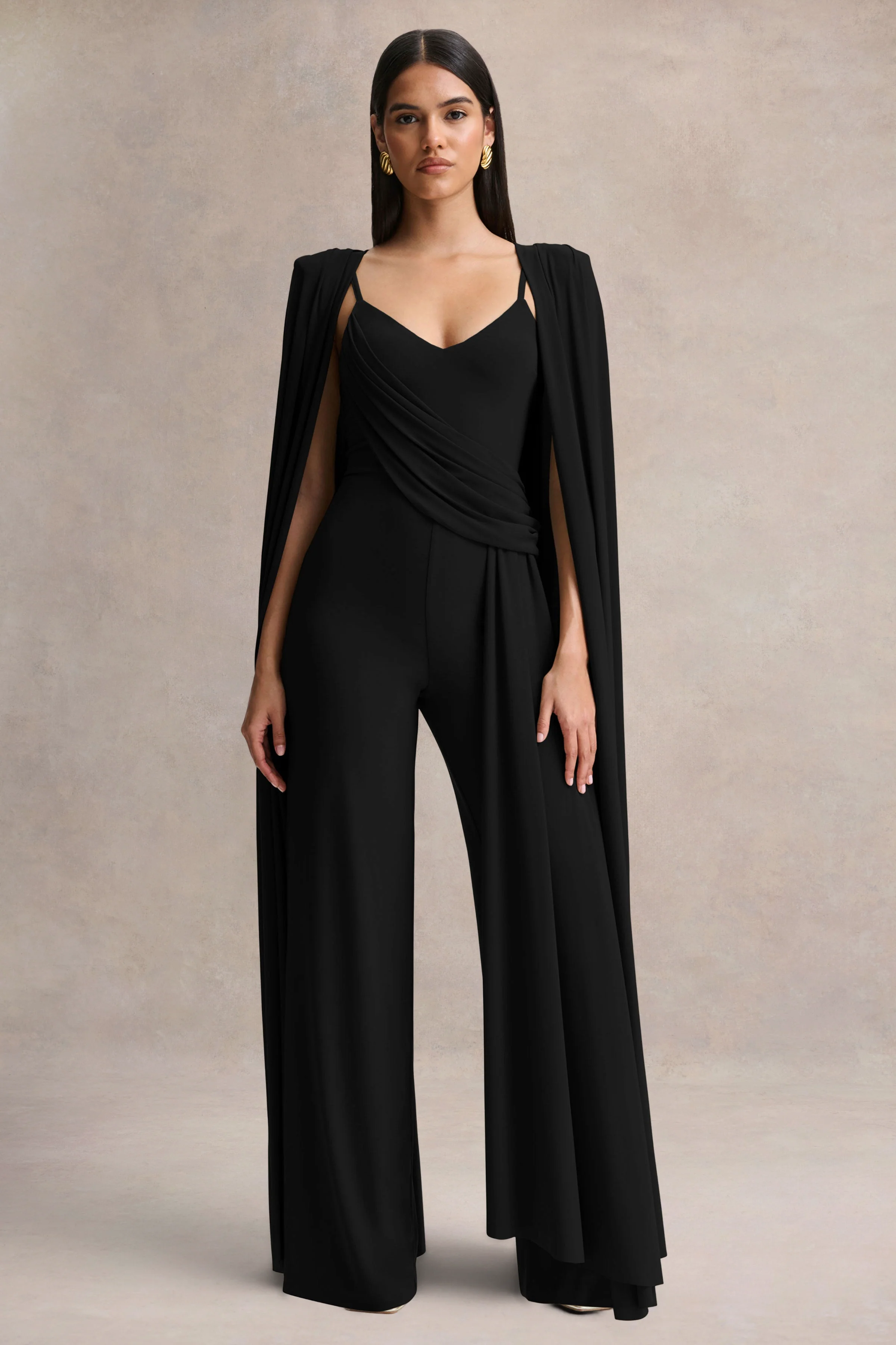 Labina | Black Plunge-Neck Jumpsuit With Cape-Sleeves