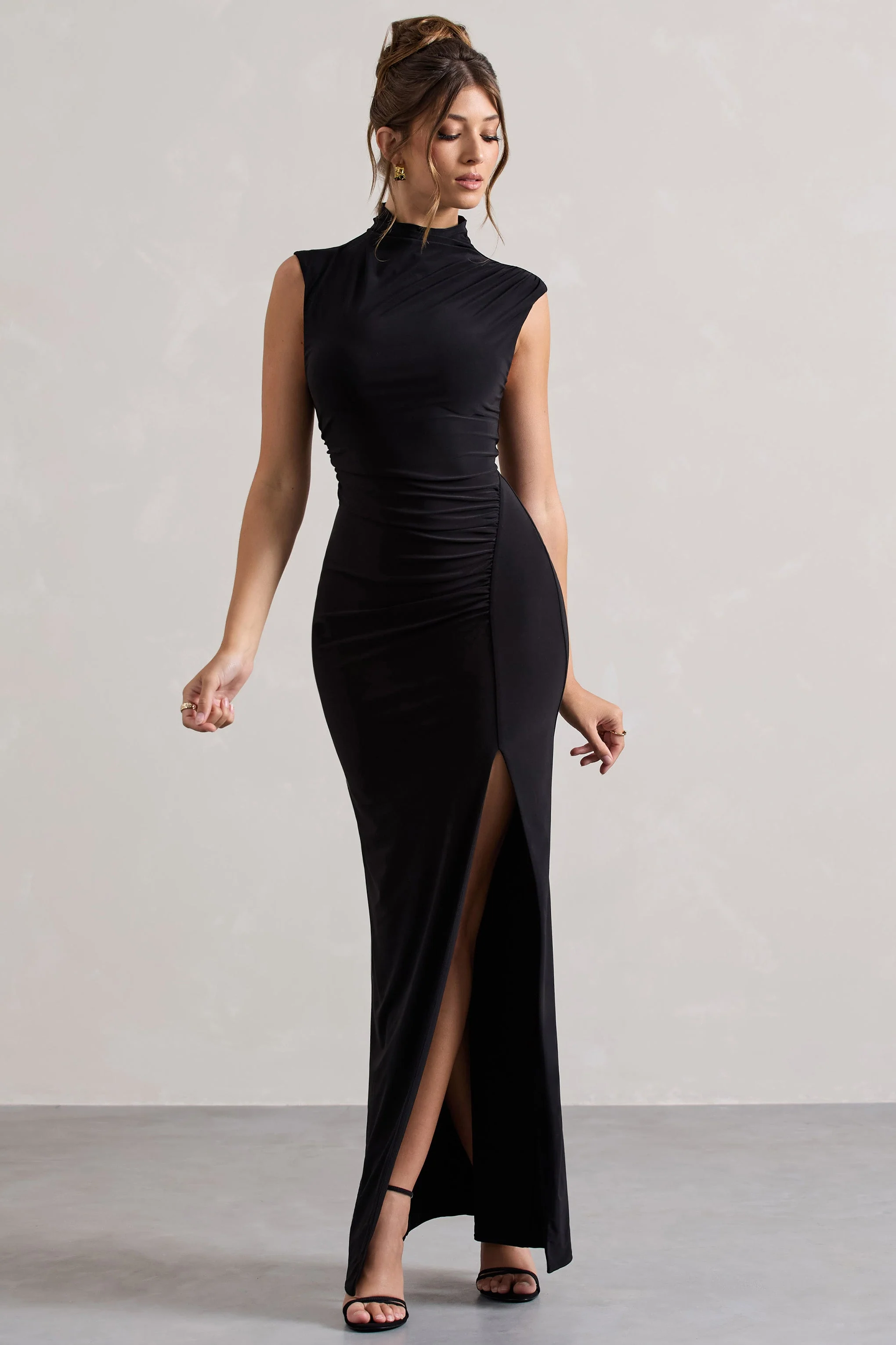 Lanetta | Black Ruched High-Neck Maxi Dress With Split - Image 5