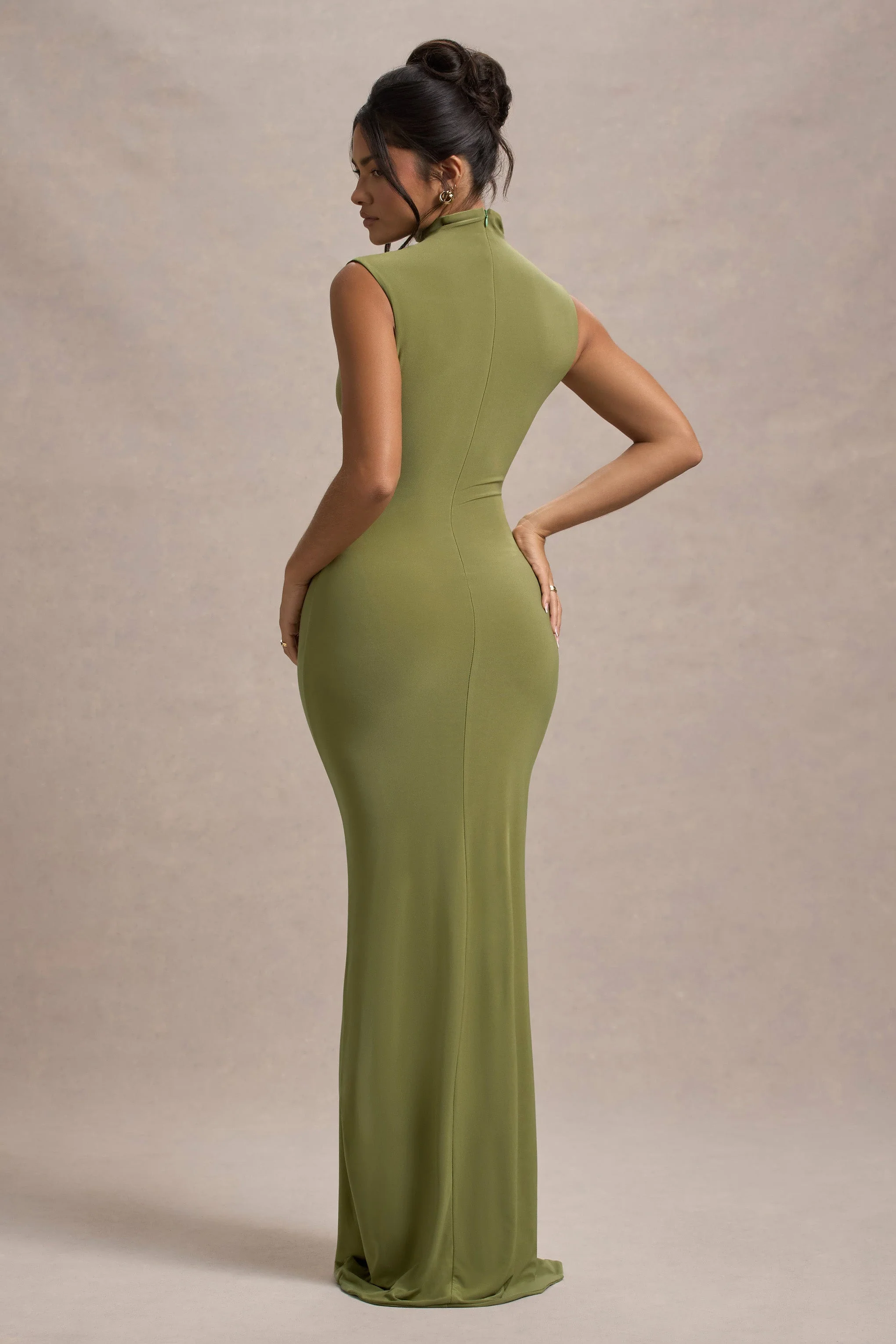 Lanetta | Olive Ruched High-Neck Maxi Dress With Split - Image 2