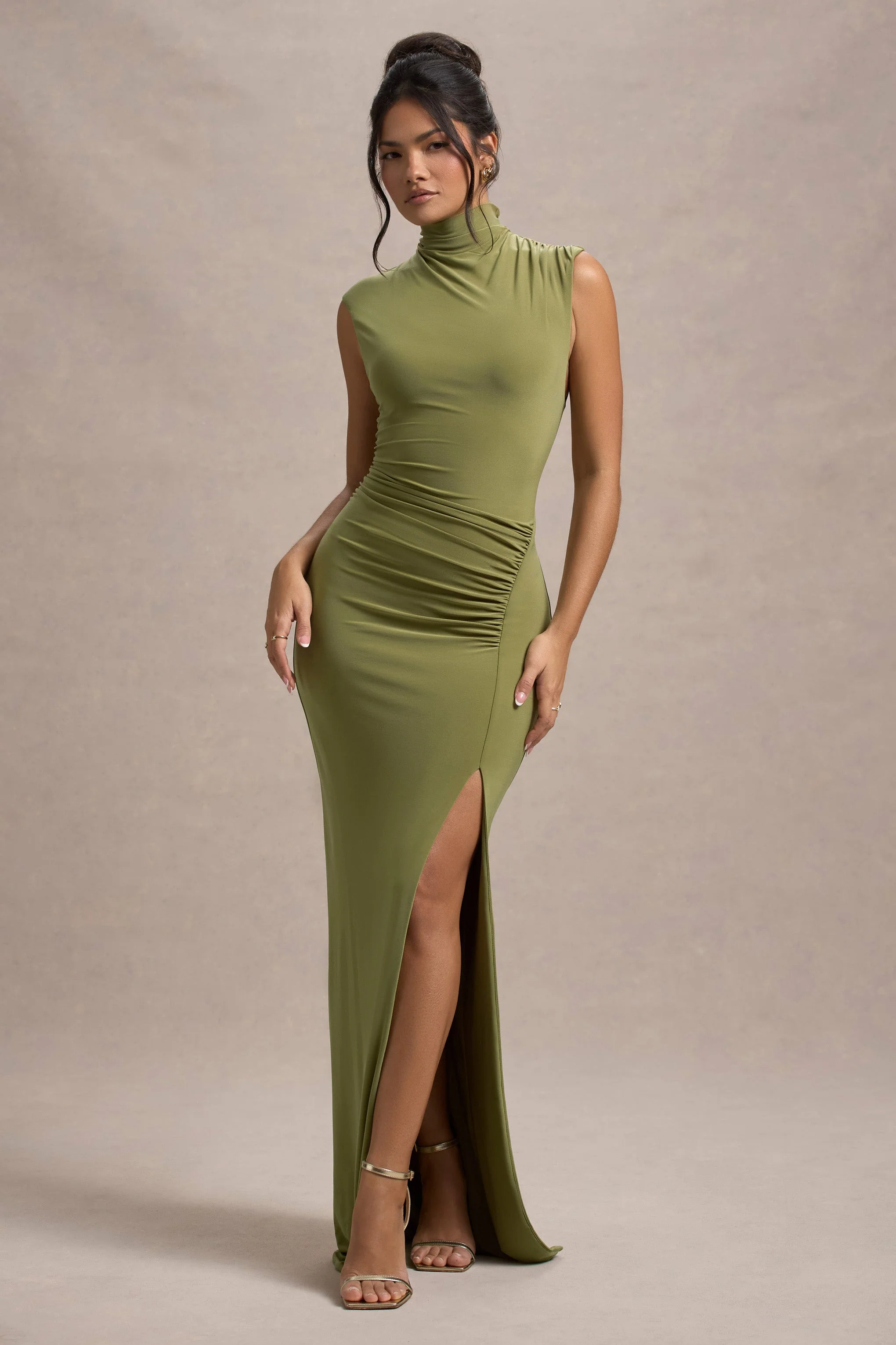 Lanetta | Olive Ruched High-Neck Maxi Dress With Split - Image 5
