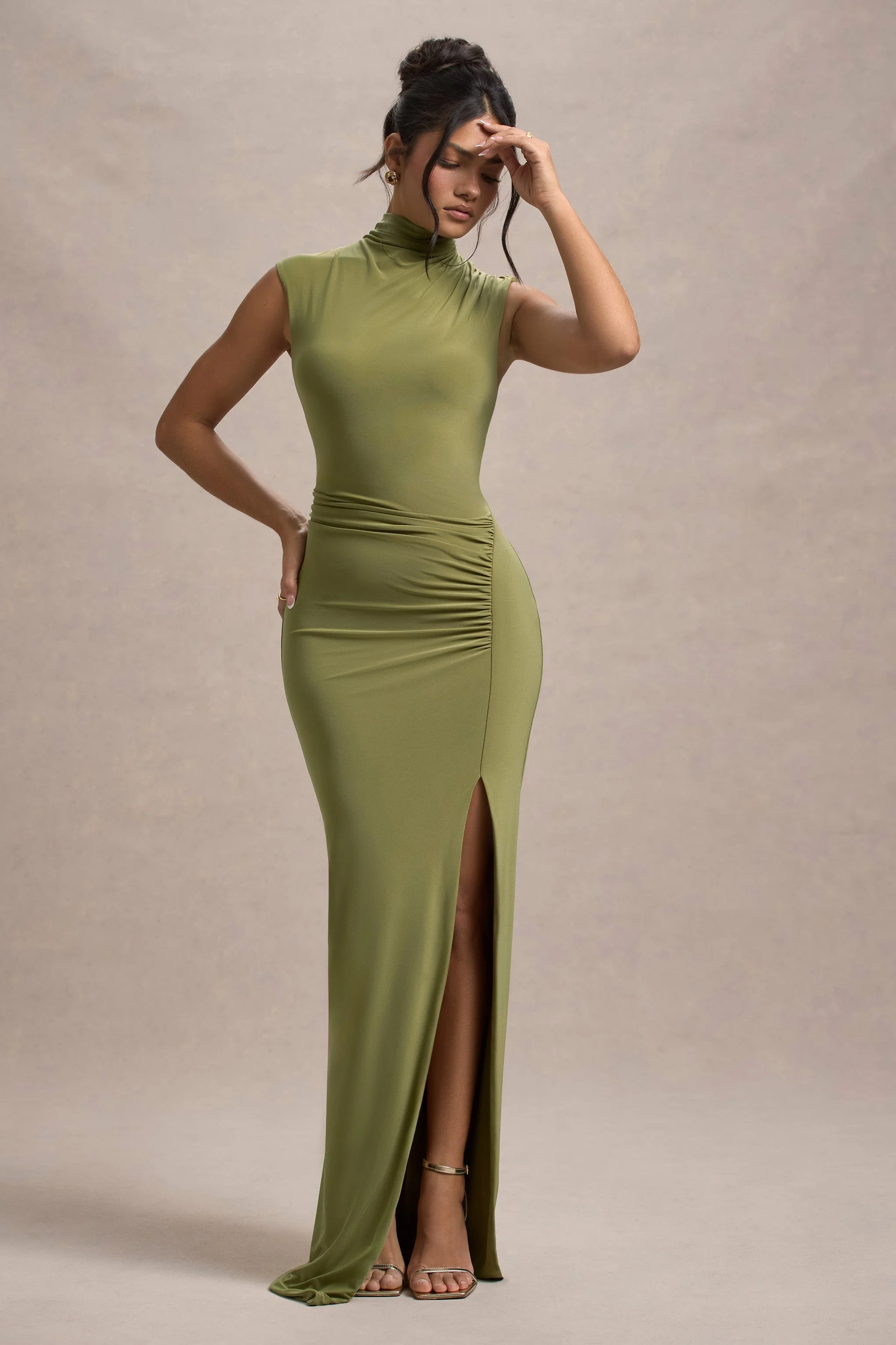 Lanetta | Olive Ruched High-Neck Maxi Dress With Split - Image 7