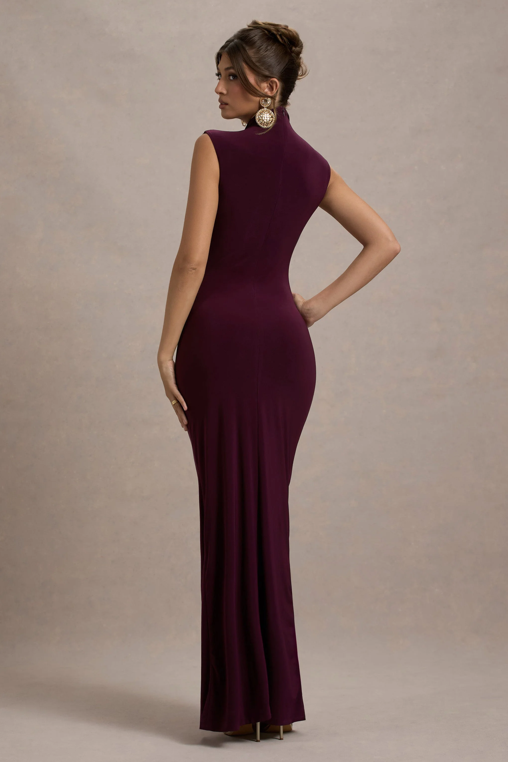 Lanetta | Plum Ruched High-Neck Maxi Dress With Split - Image 2
