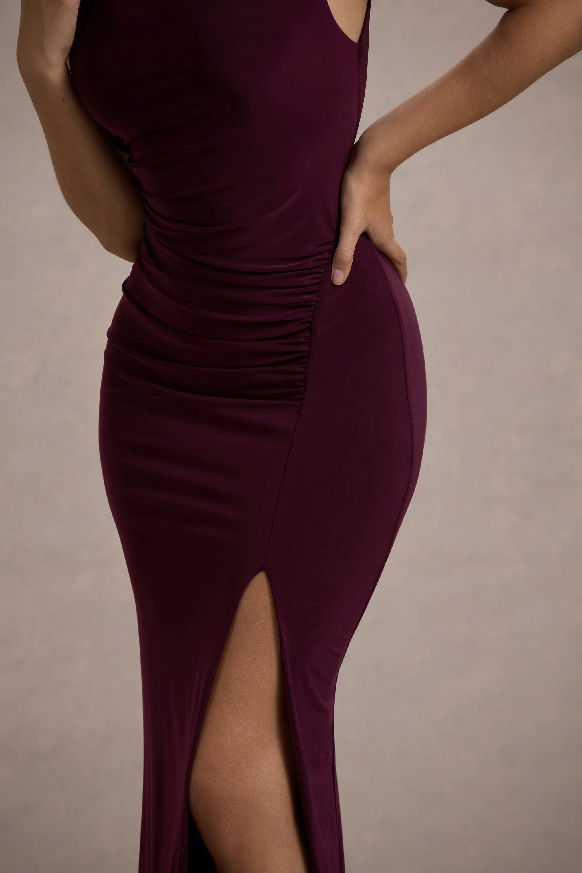 Lanetta | Plum Ruched High-Neck Maxi Dress With Split - Image 7