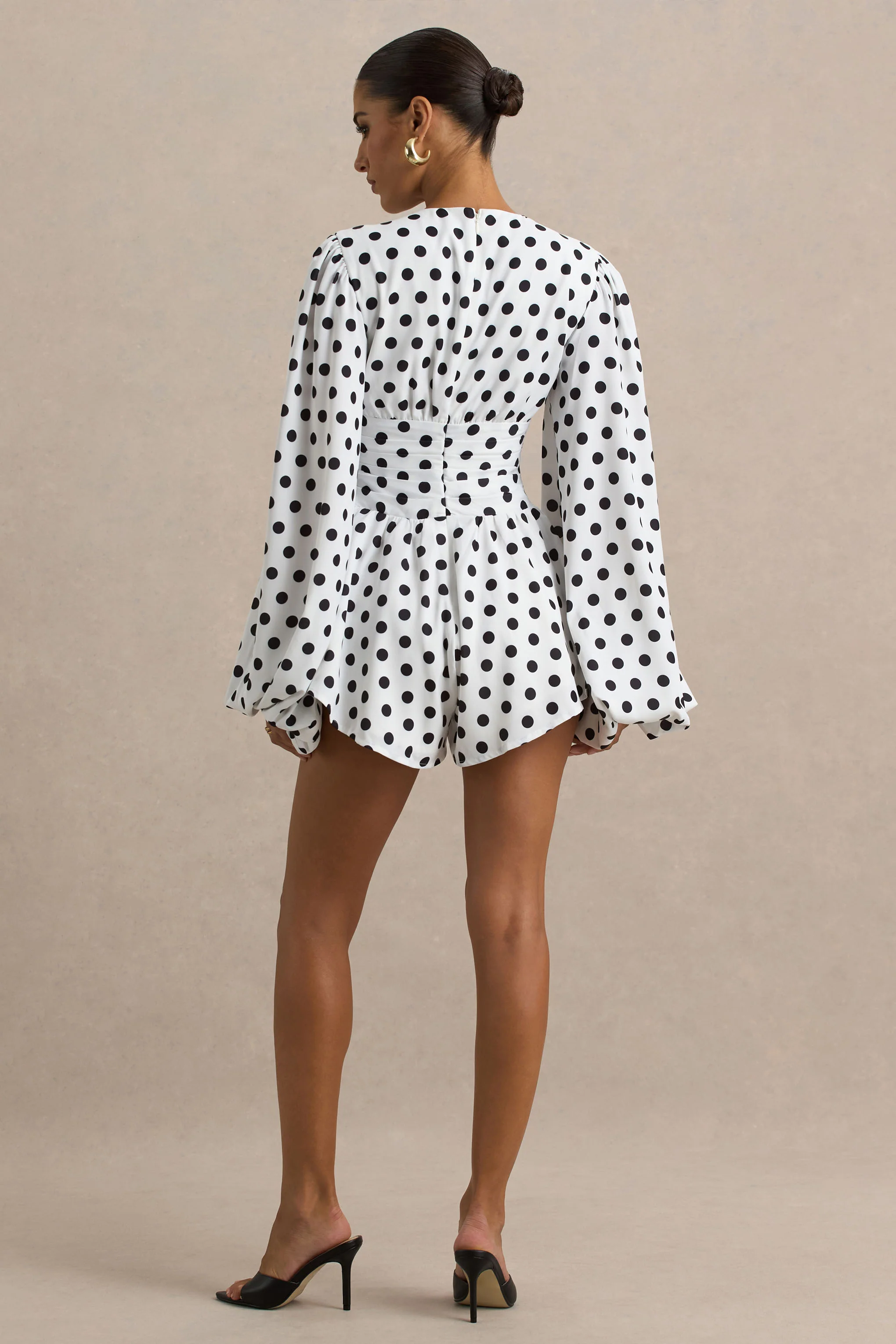 Laurel | White Polka Dot V-Neck Balloon Sleeve Playsuit - Image 2