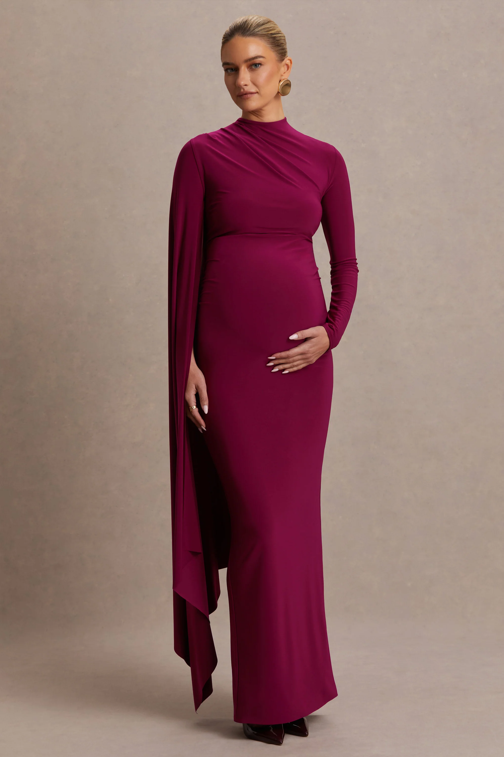Lavinia | Berry High-Neck Maternity Maxi Dress With Cape-Sleeve - Image 4