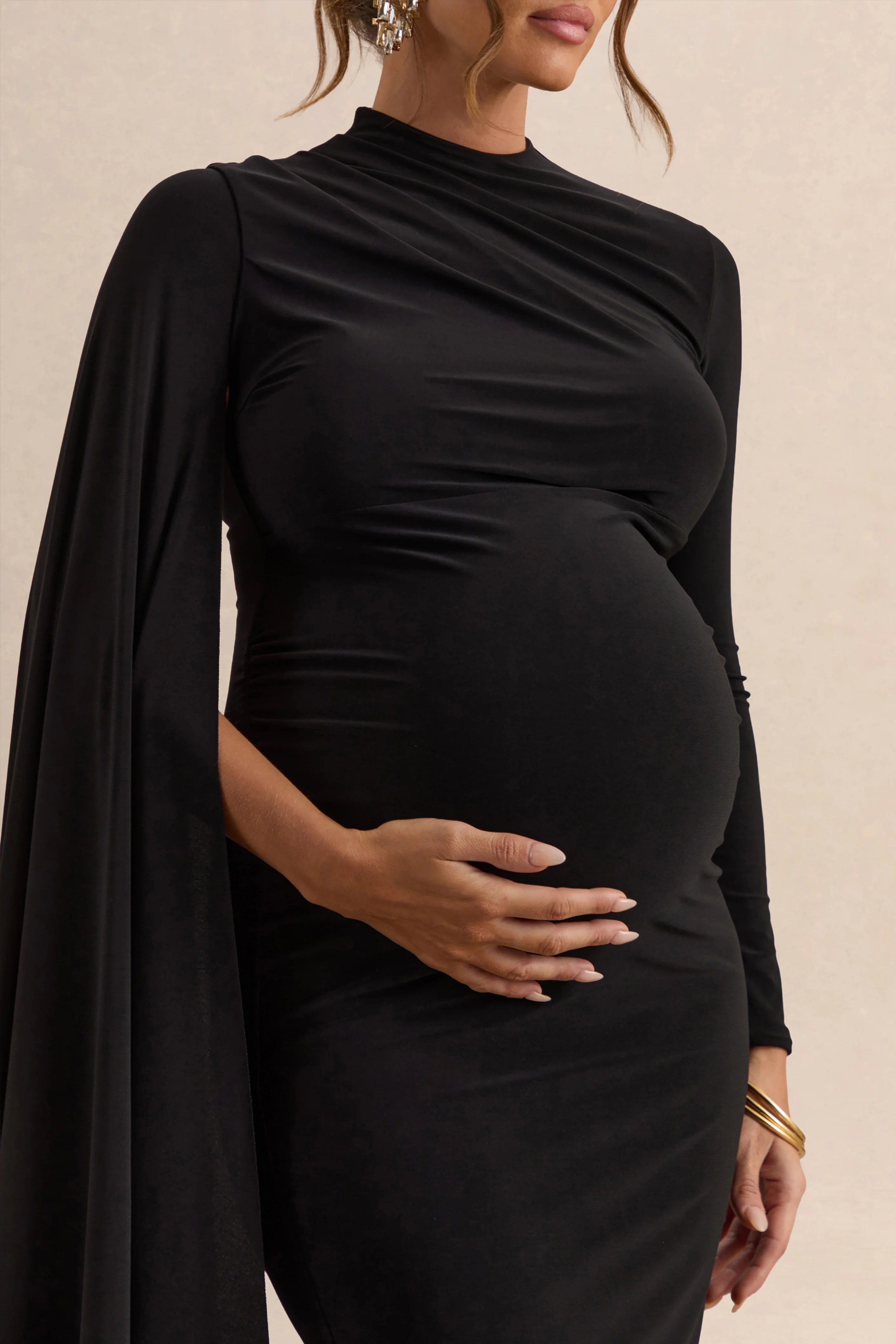 Lavinia | Black High-Neck Maternity Maxi Dress With Cape-Sleeve - Image 7