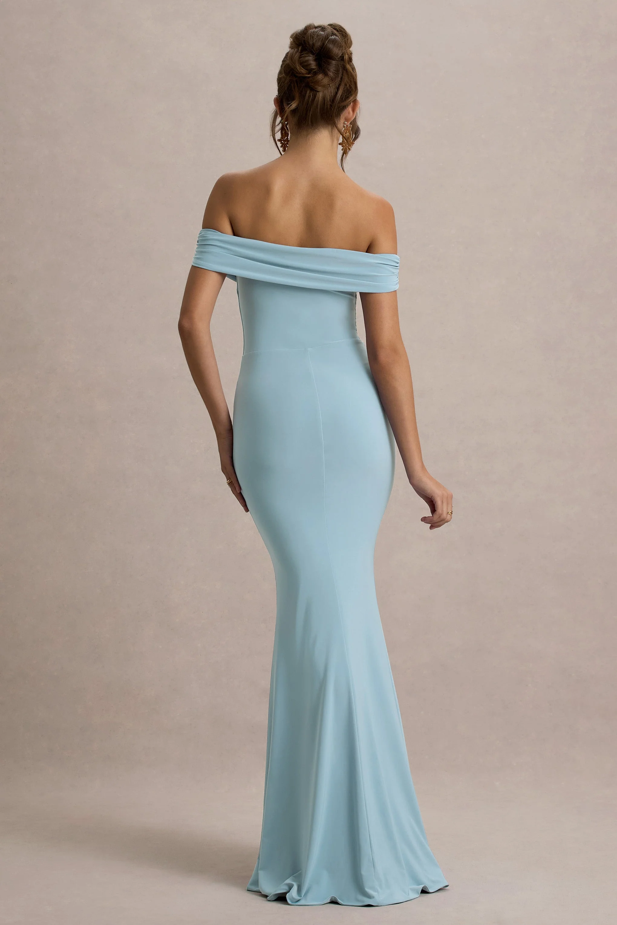 Law of Attraction | Powder Blue Bardot Draped Split Maxi Dress - Image 2