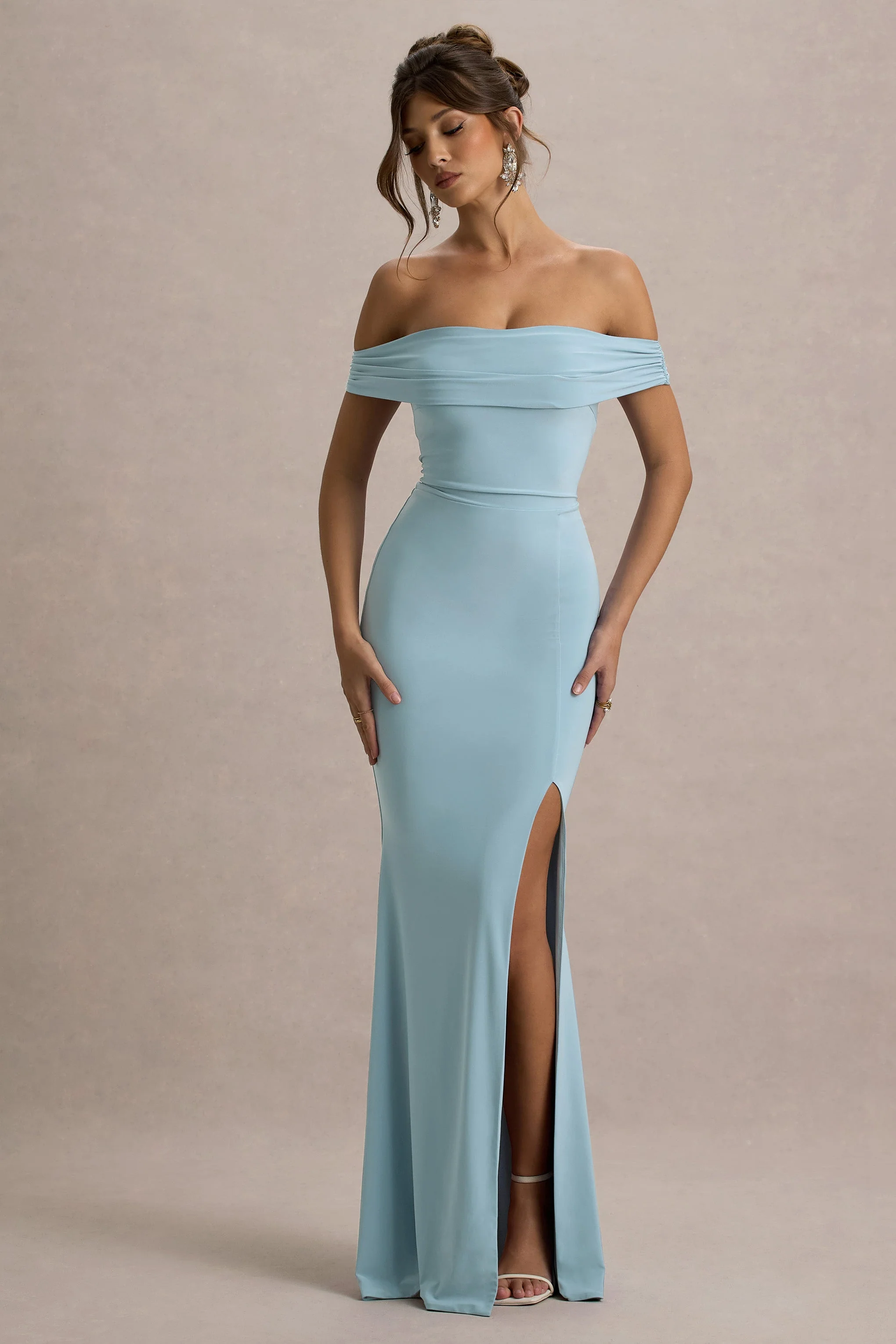 Law of Attraction | Powder Blue Bardot Draped Split Maxi Dress - Image 4