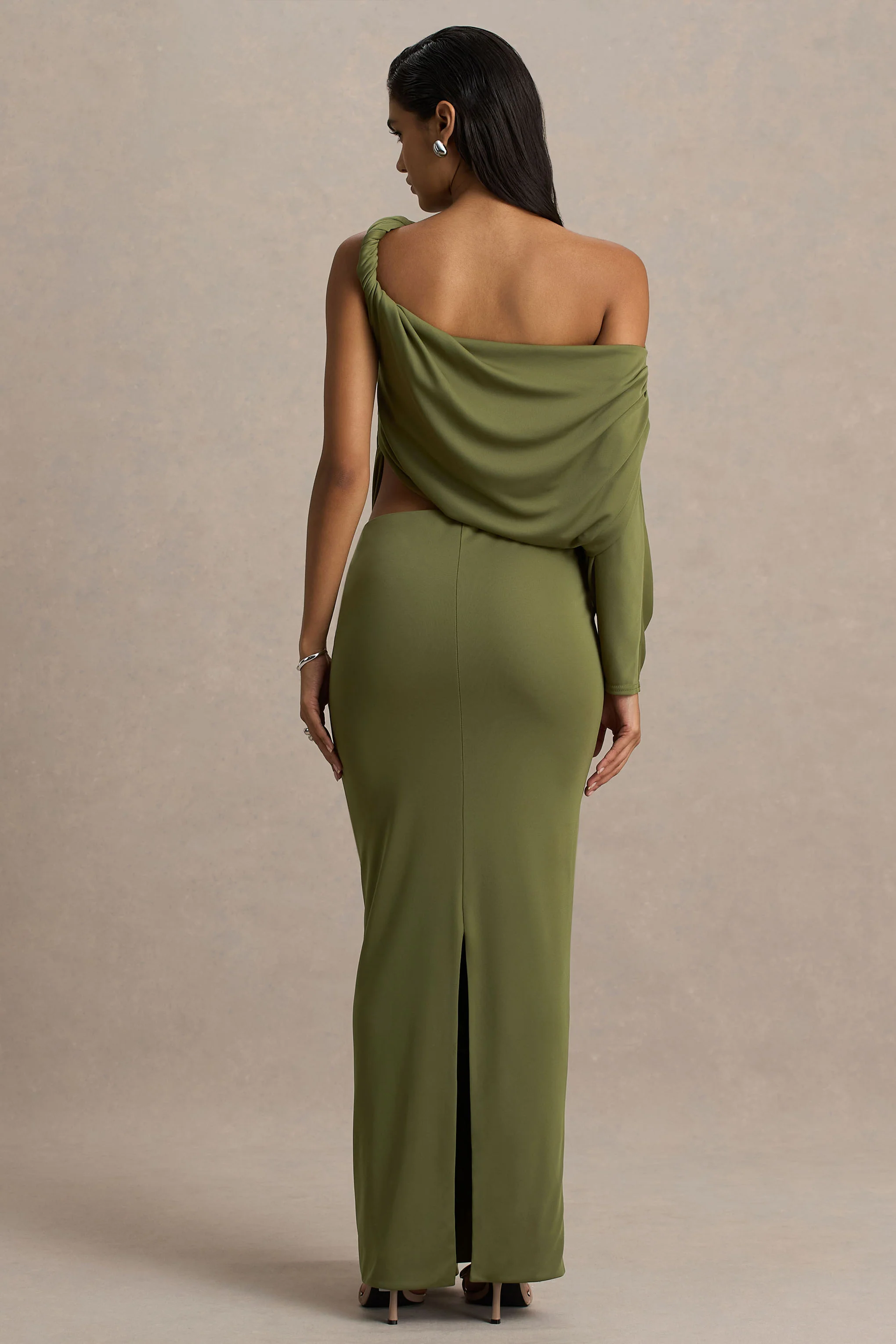 Layla | Olive Asymmetric-Neck Wrap Maxi Dress With Body Cut-Out And Ruched Detailing - Image 2