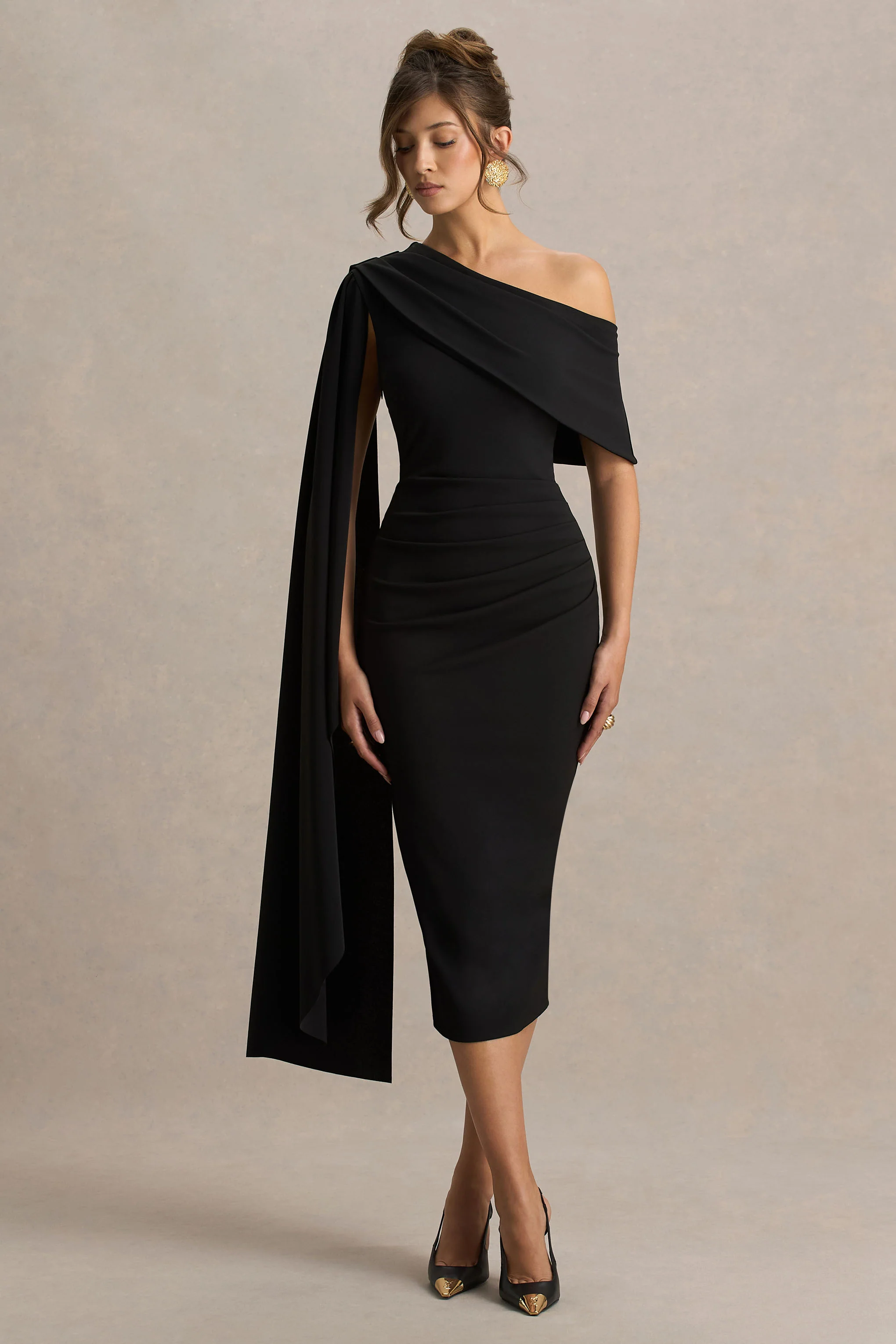 Leah | Black Asymmetric-Neck Midi Dress With Cape-Sleeve - Image 4