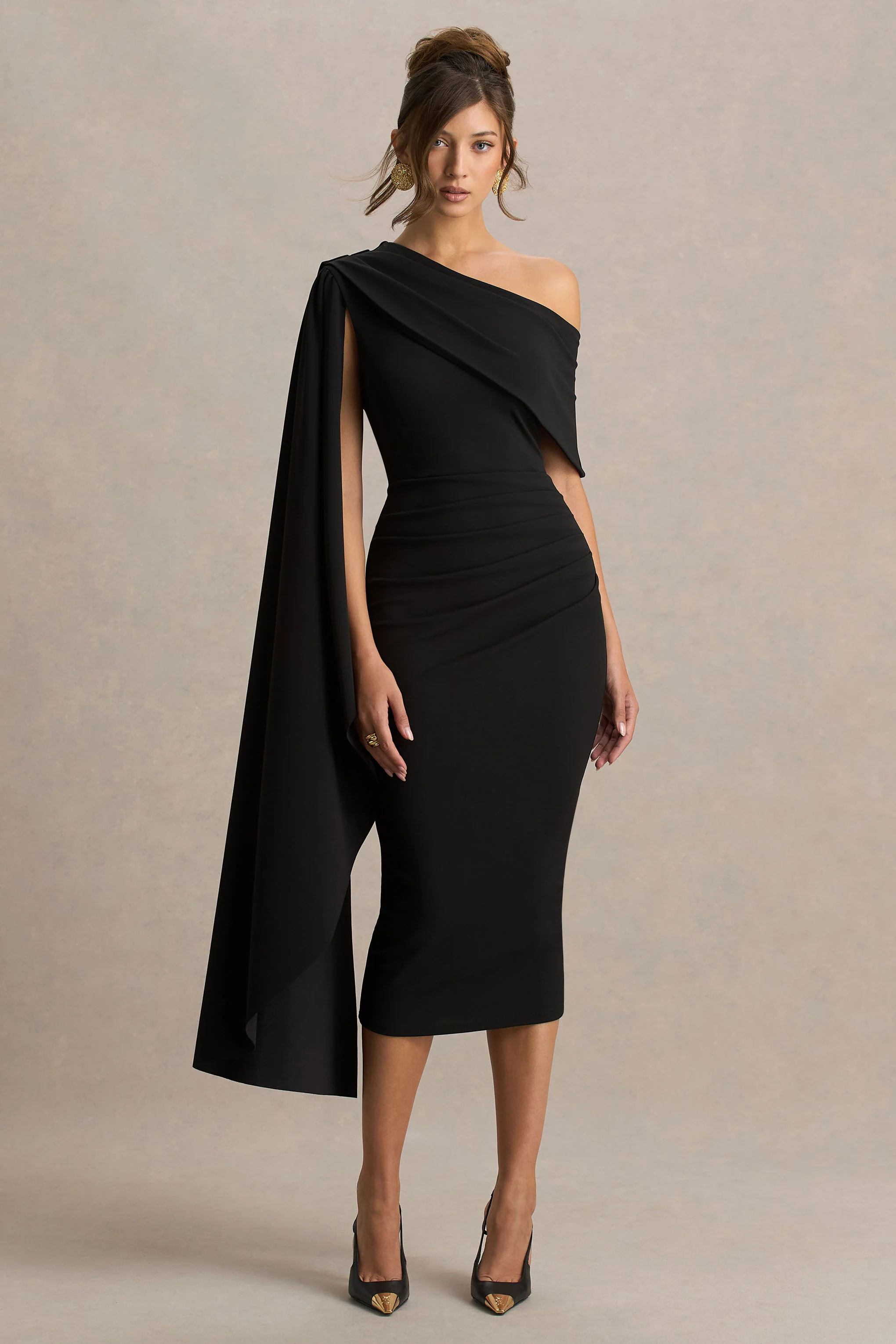 Leah | Black Asymmetric-Neck Midi Dress With Cape-Sleeve - Image 5