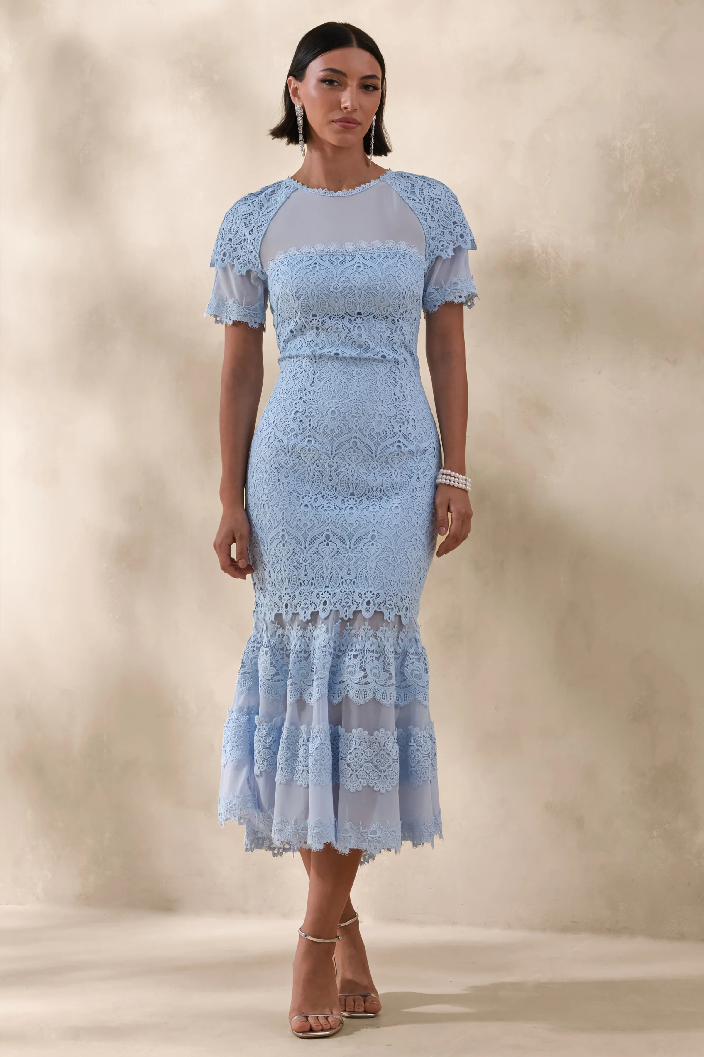 Leanne | Powder Blue Mesh And Lace Crew-Neck Fishtail Midi Dress