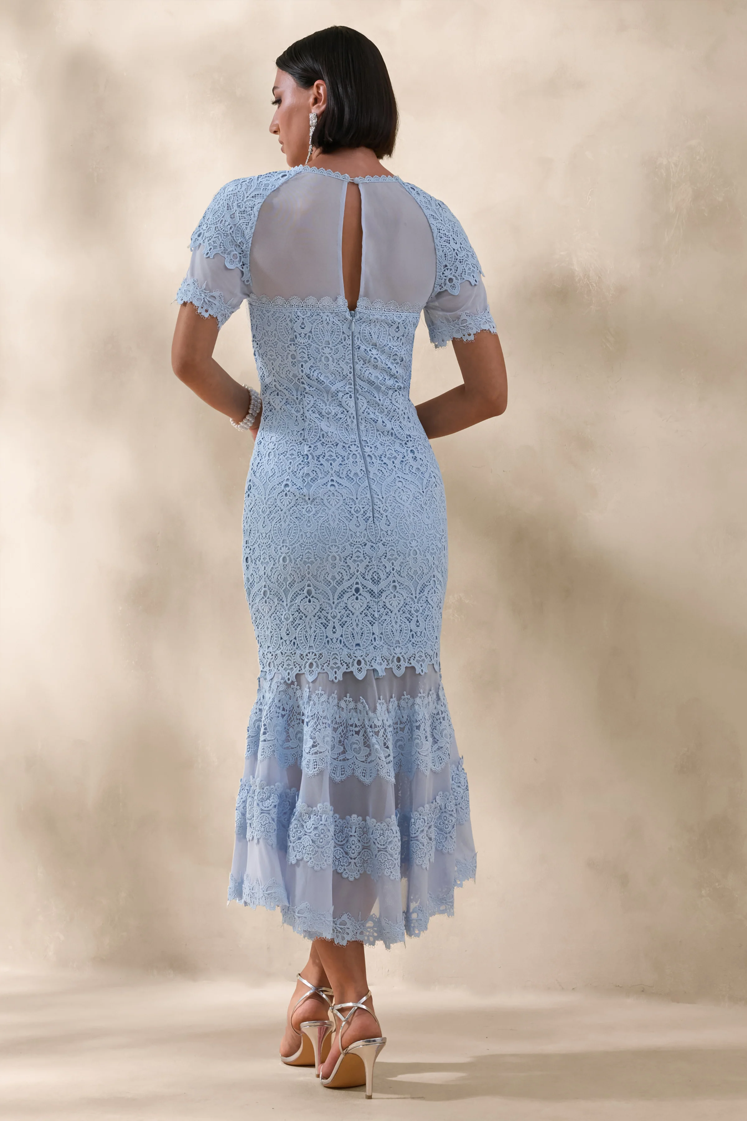 Leanne | Powder Blue Mesh And Lace Crew-Neck Fishtail Midi Dress - Image 2