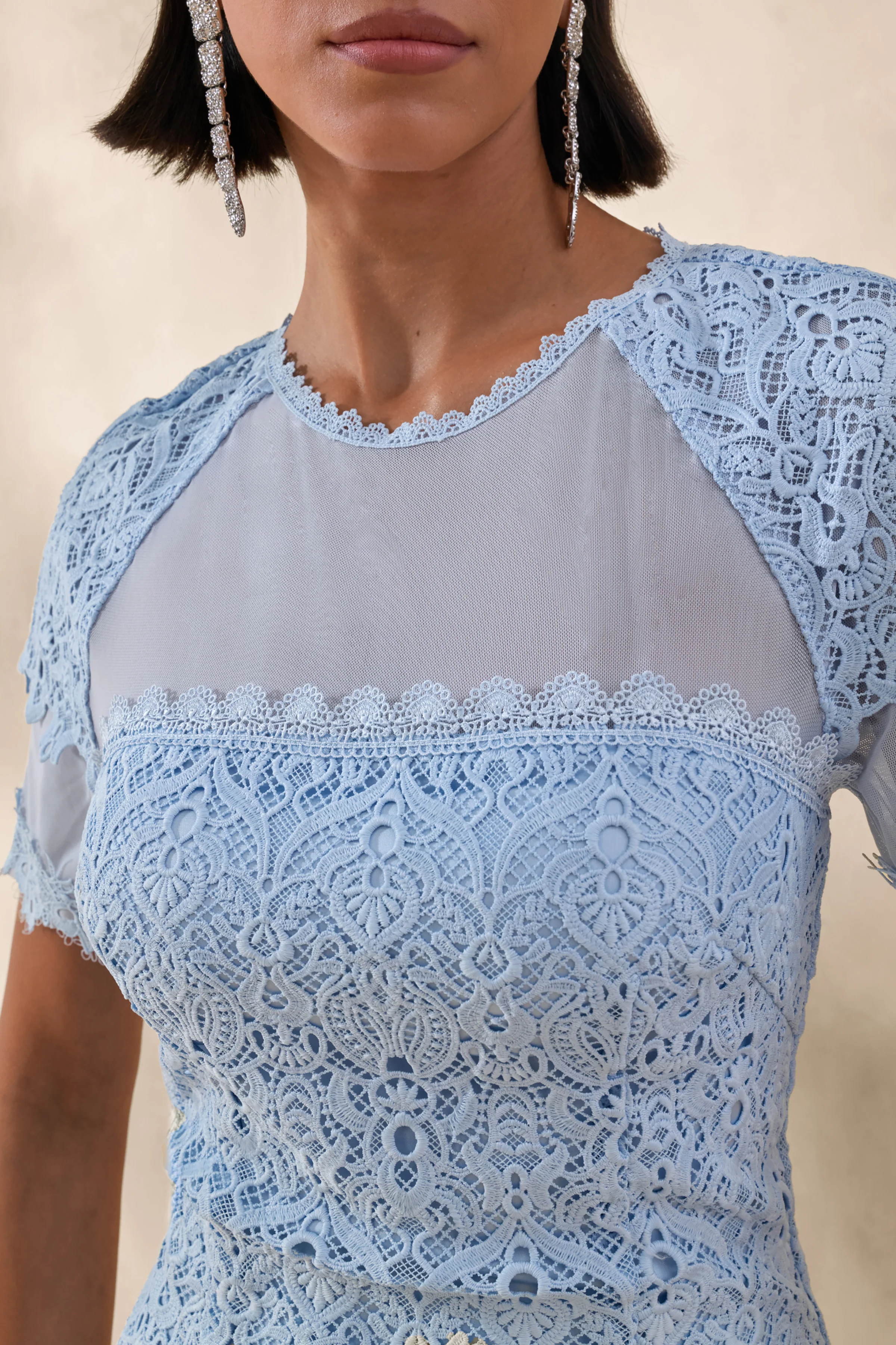Leanne | Powder Blue Mesh And Lace Crew-Neck Fishtail Midi Dress - Image 5