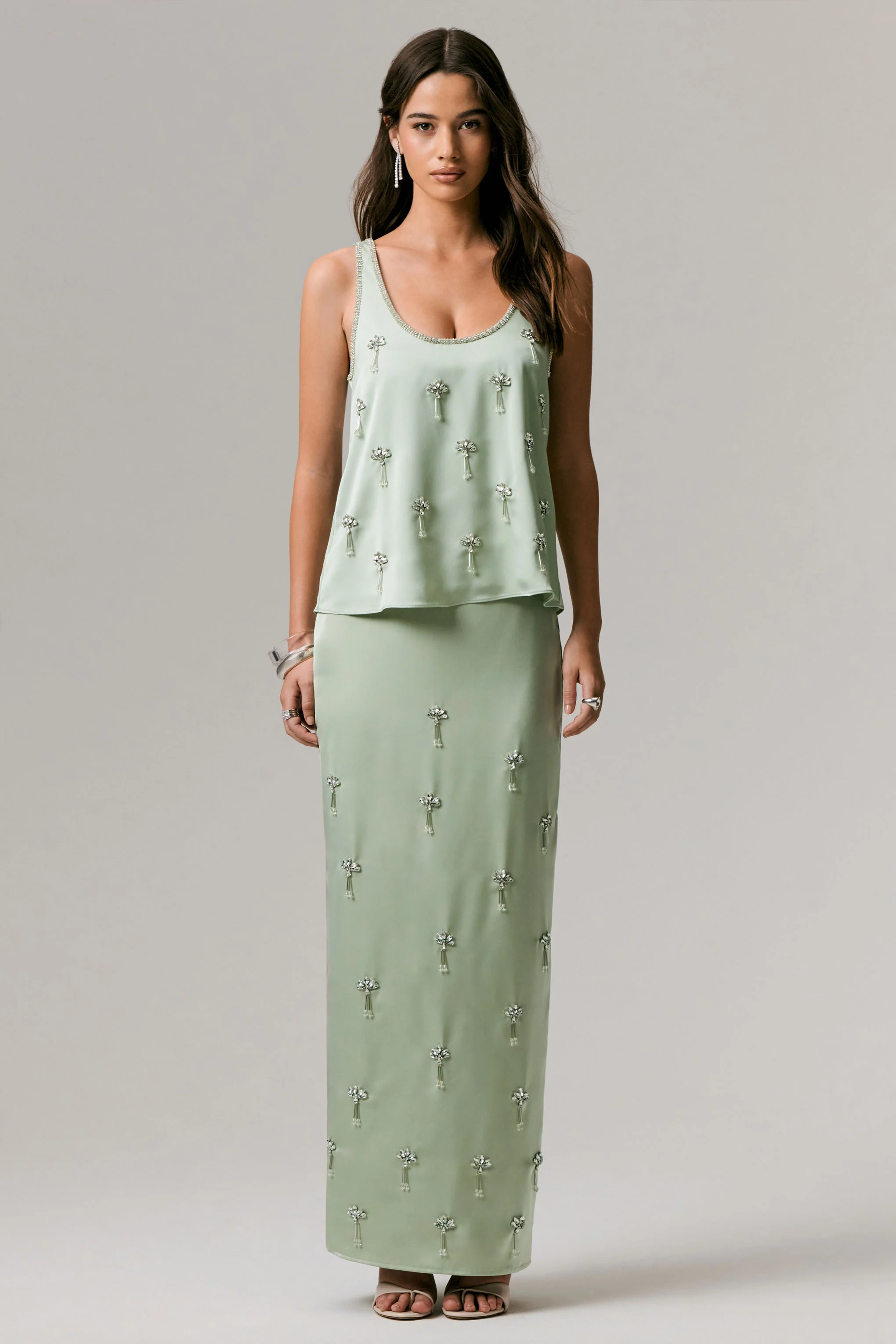 Lena | Mint Satin Embellished Maxi Skirt - Image 3