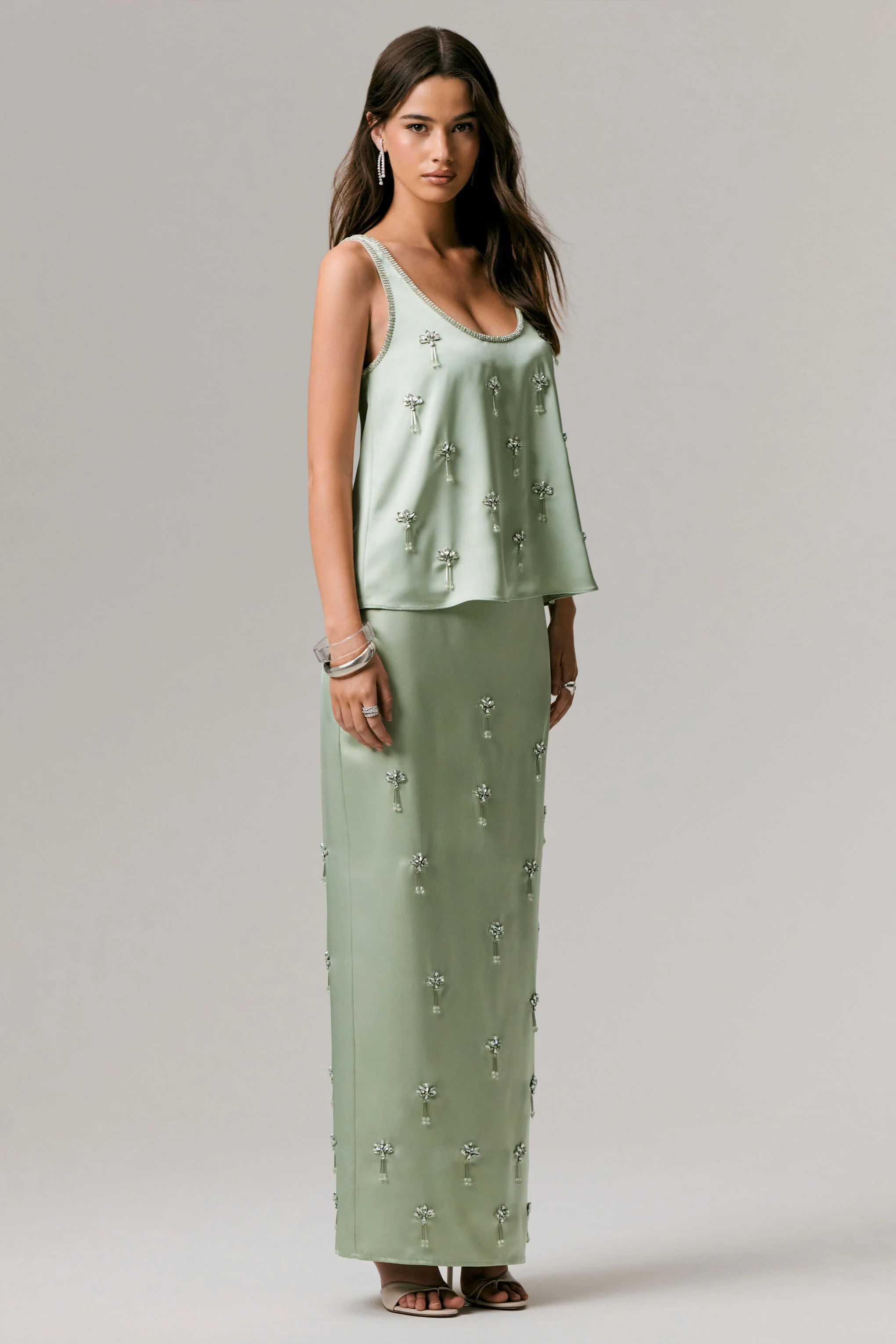 Lena | Mint Satin Embellished Maxi Skirt - Image 4