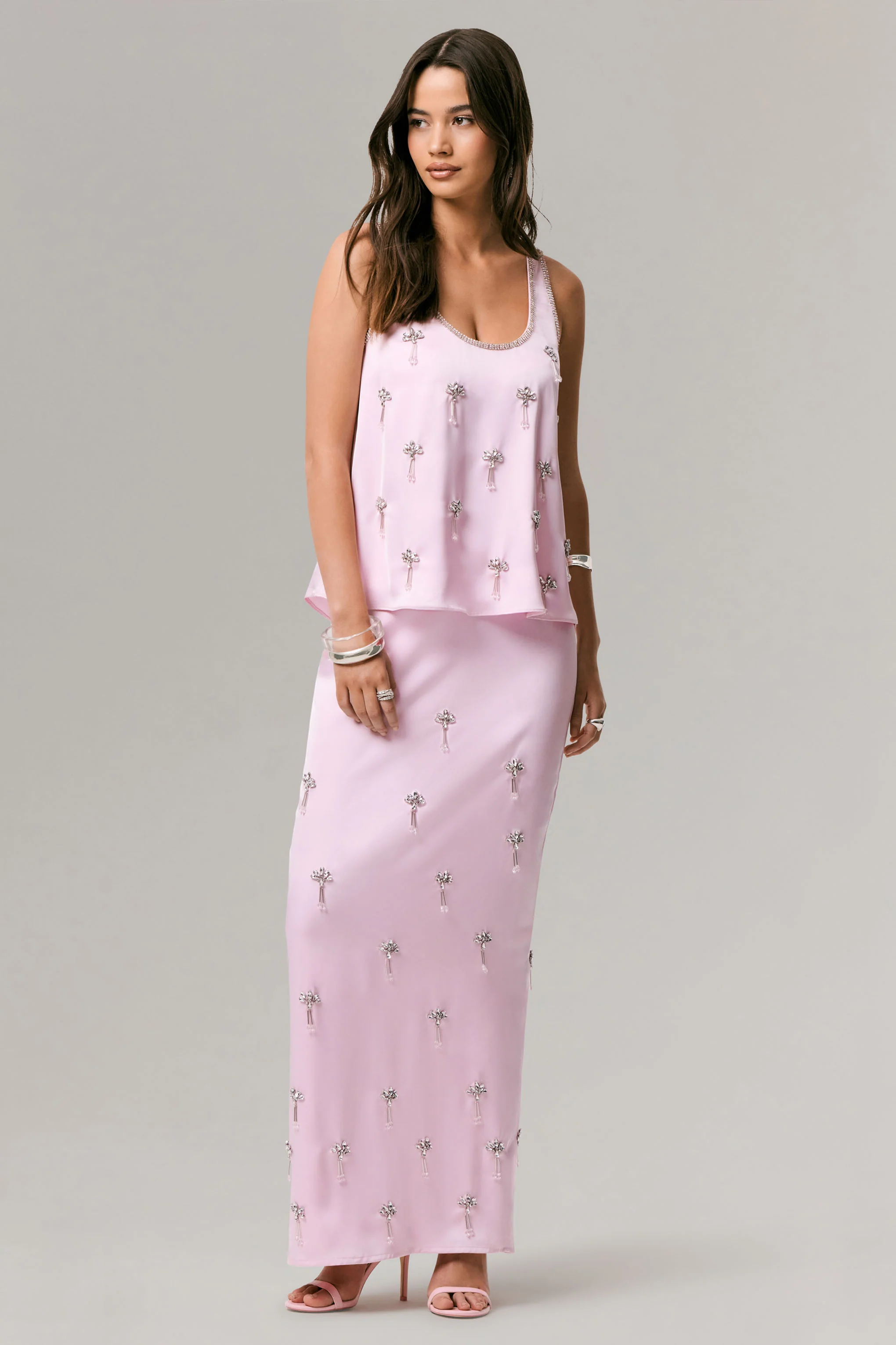 Lena | Pink Satin Embellished Maxi Skirt - Image 3