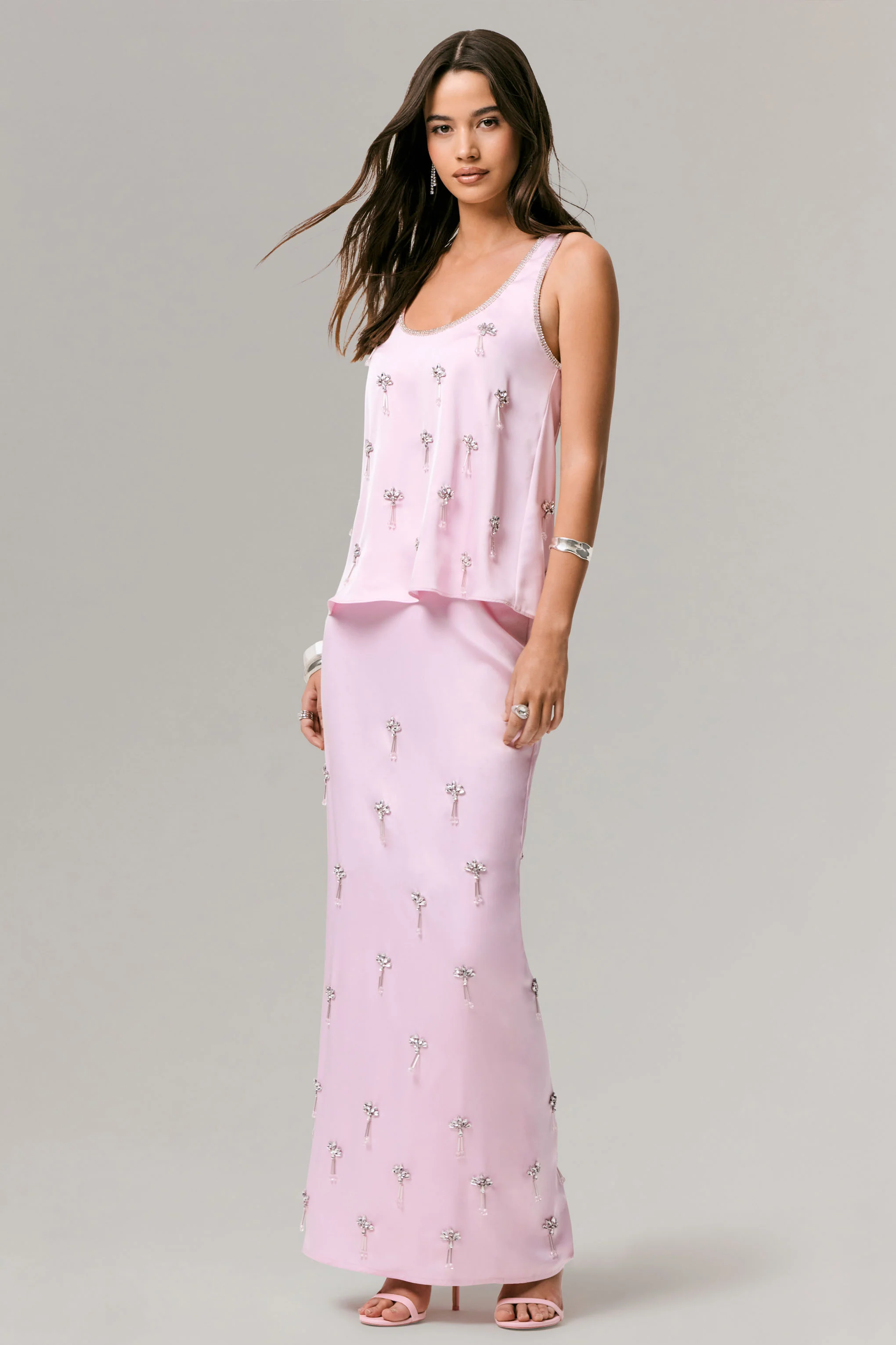 Lena | Pink Satin Embellished Maxi Skirt - Image 4