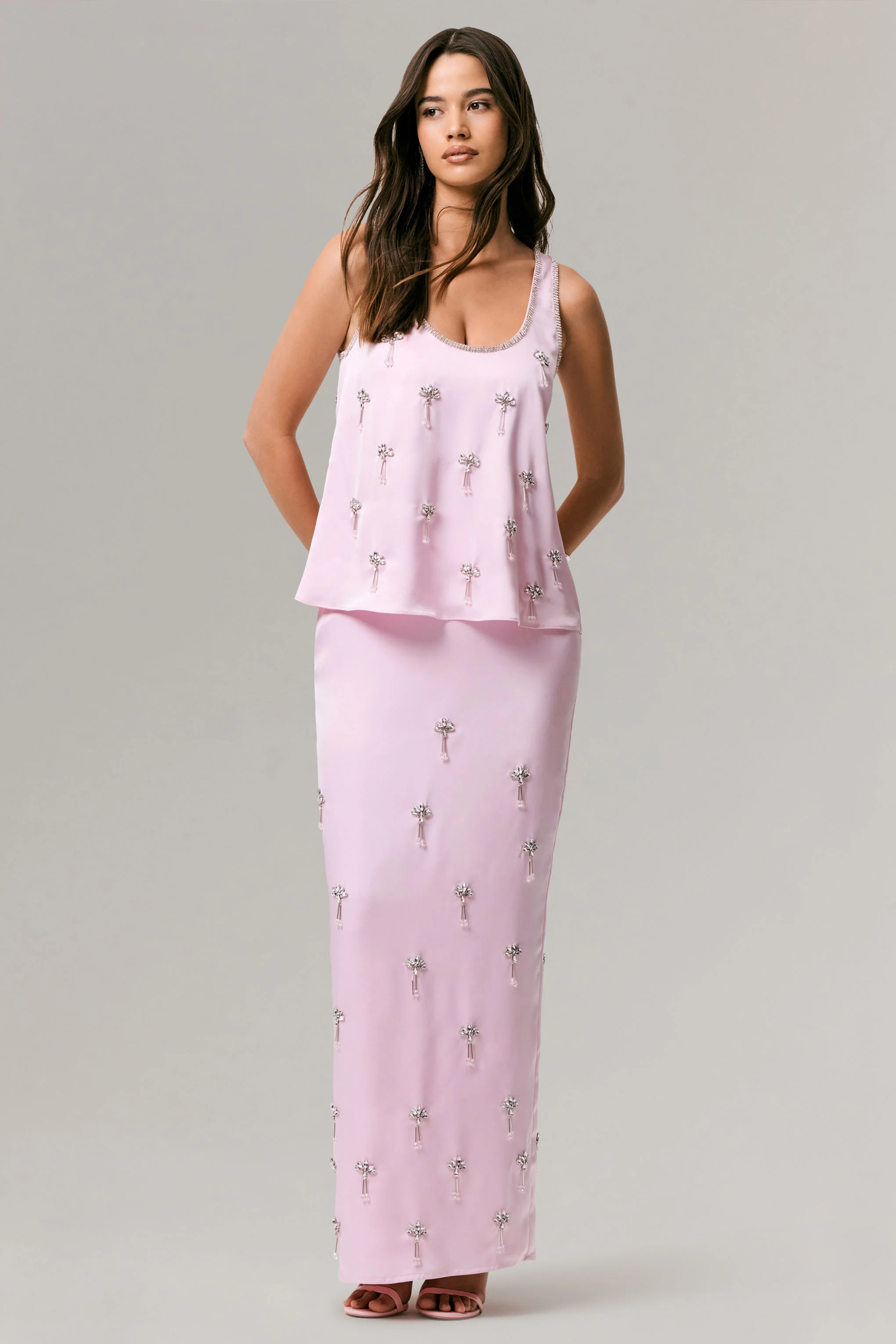 Lena | Pink Satin Embellished Maxi Skirt - Image 5