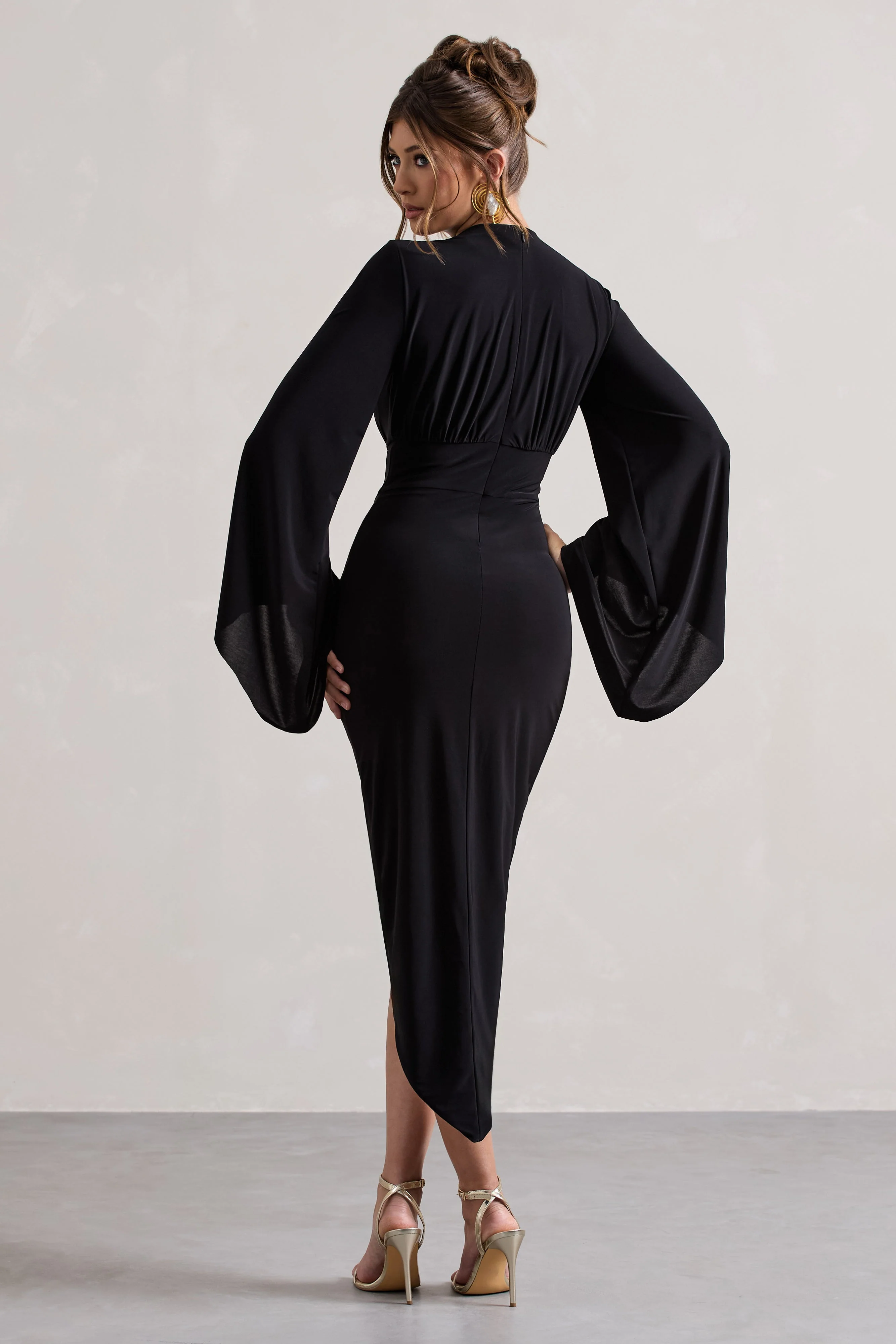 Lennox | Black Drape-Sleeve Gathered Midi Dress - Image 2