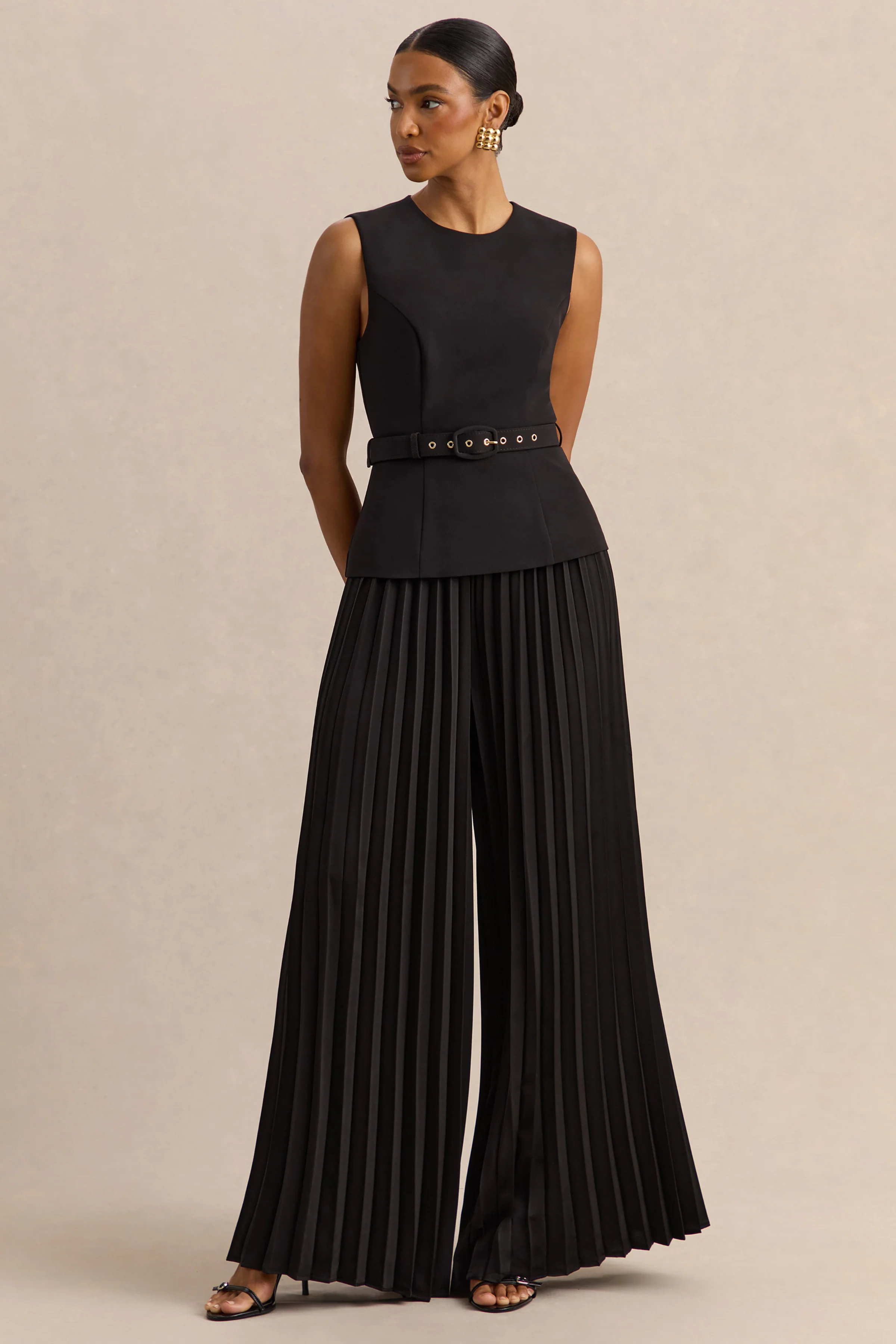 Lerenza | Black Satin Wide-Leg Pleated Trousers - Image 5