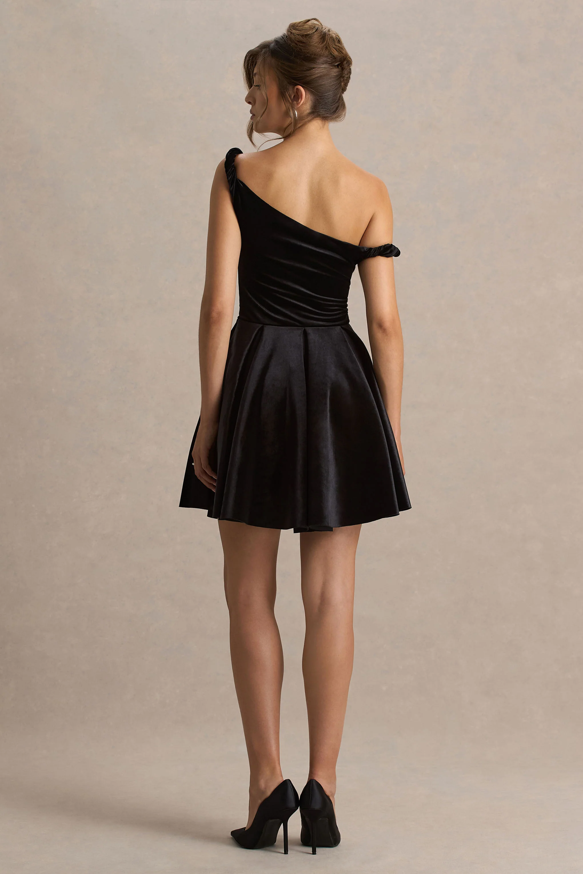 Leticia | Black Asymmetric-Neck Velvet Mini Dress With Twist-Sleeve - Image 2