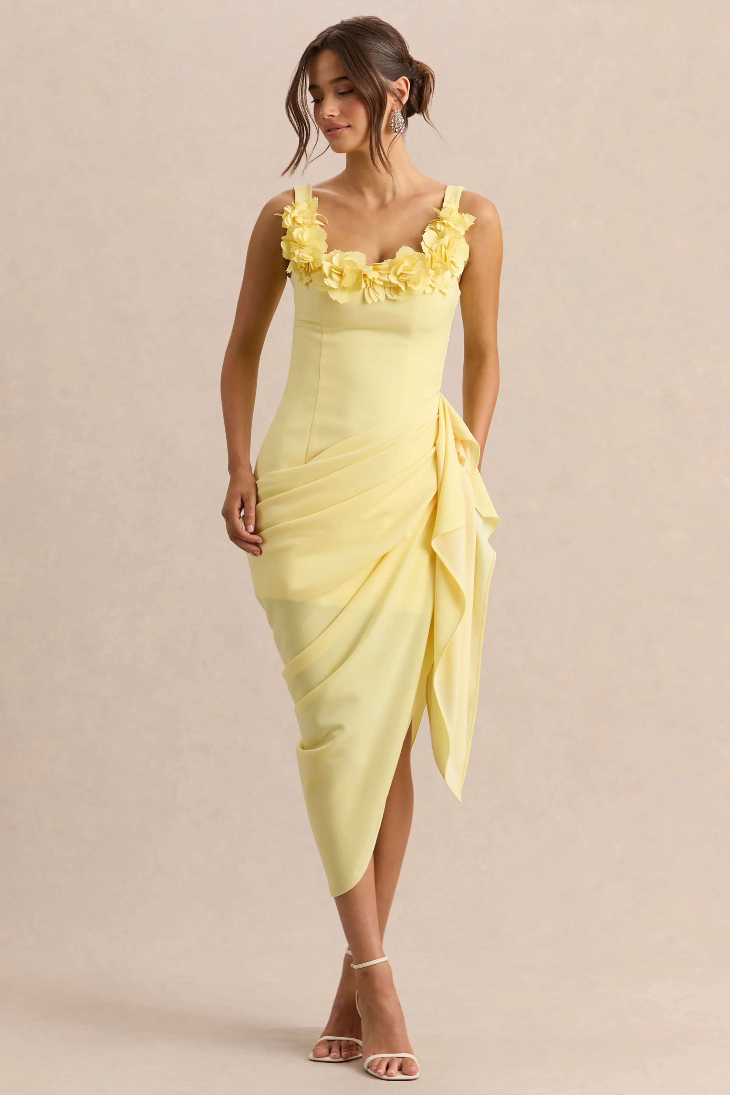 Letitia | Lemon Scoop-Neck Embellished Wrap Midi Dress