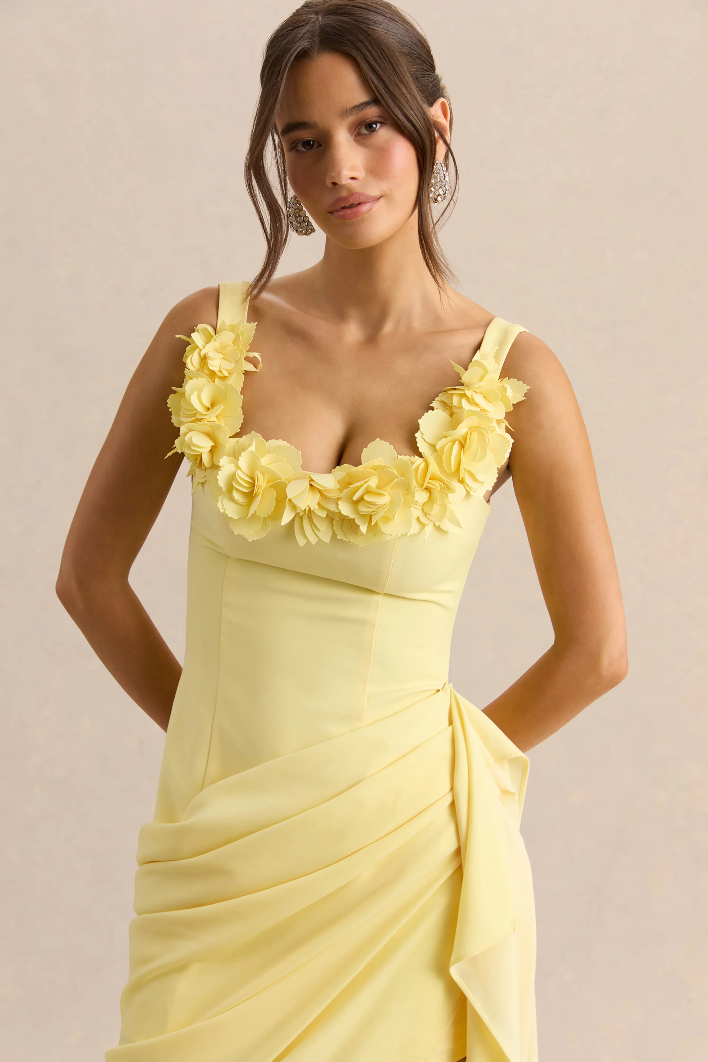 Letitia | Lemon Scoop-Neck Embellished Wrap Midi Dress - Image 3