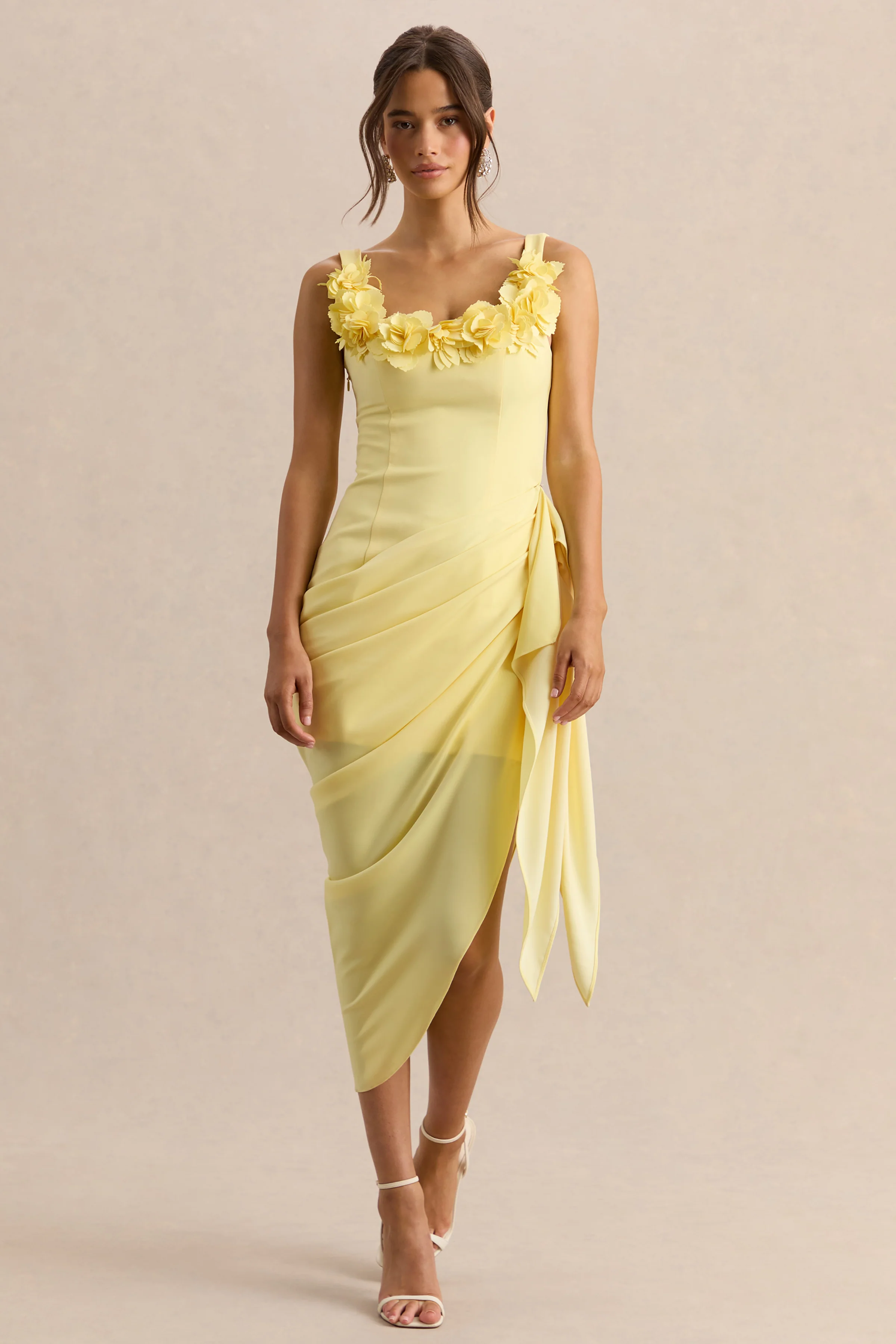 Letitia | Lemon Scoop-Neck Embellished Wrap Midi Dress - Image 4