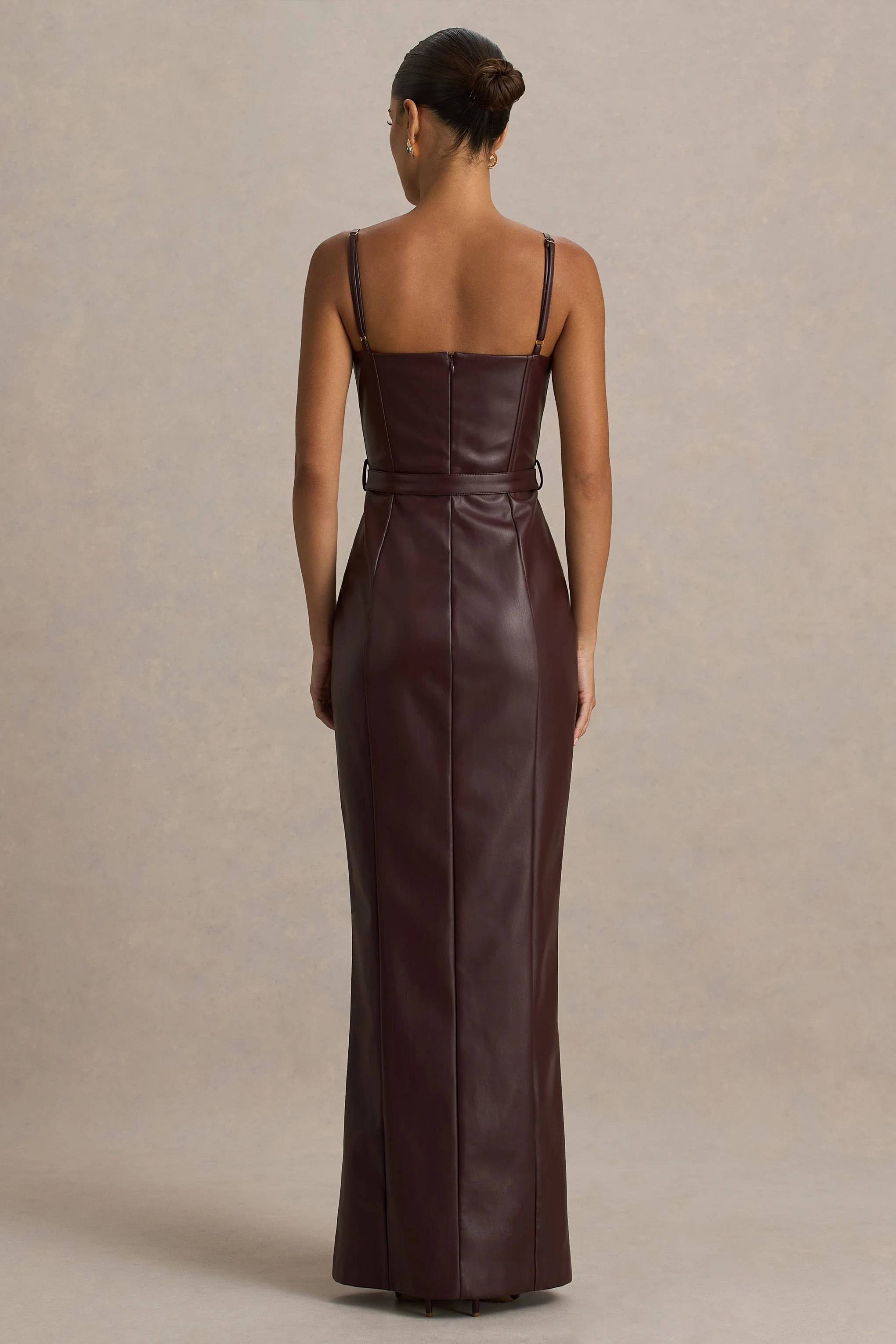 Lila | Burgundy Faux Leather Plunge-Neck Maxi Dress With Split - Image 2