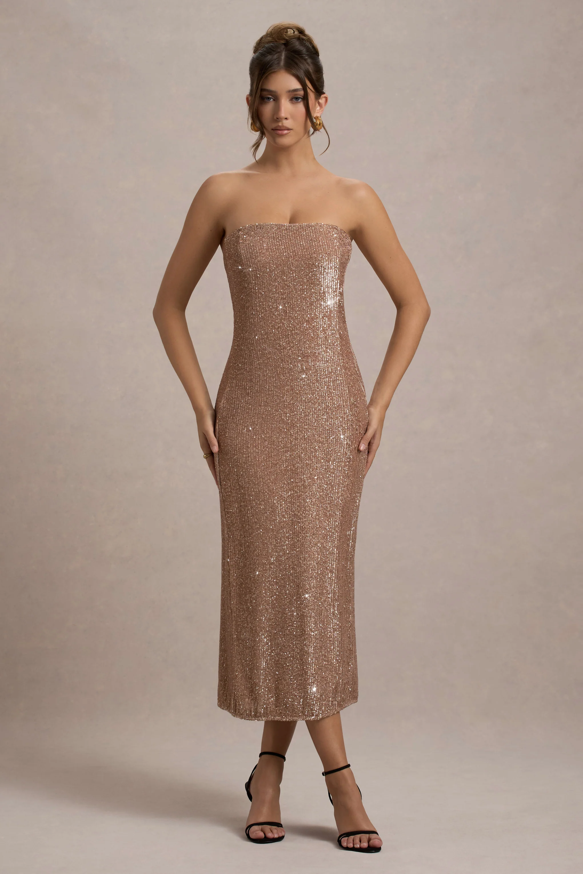 Lilabelle | Rose Gold Plisse Sequin Bandeau Midi Dress - Image 4