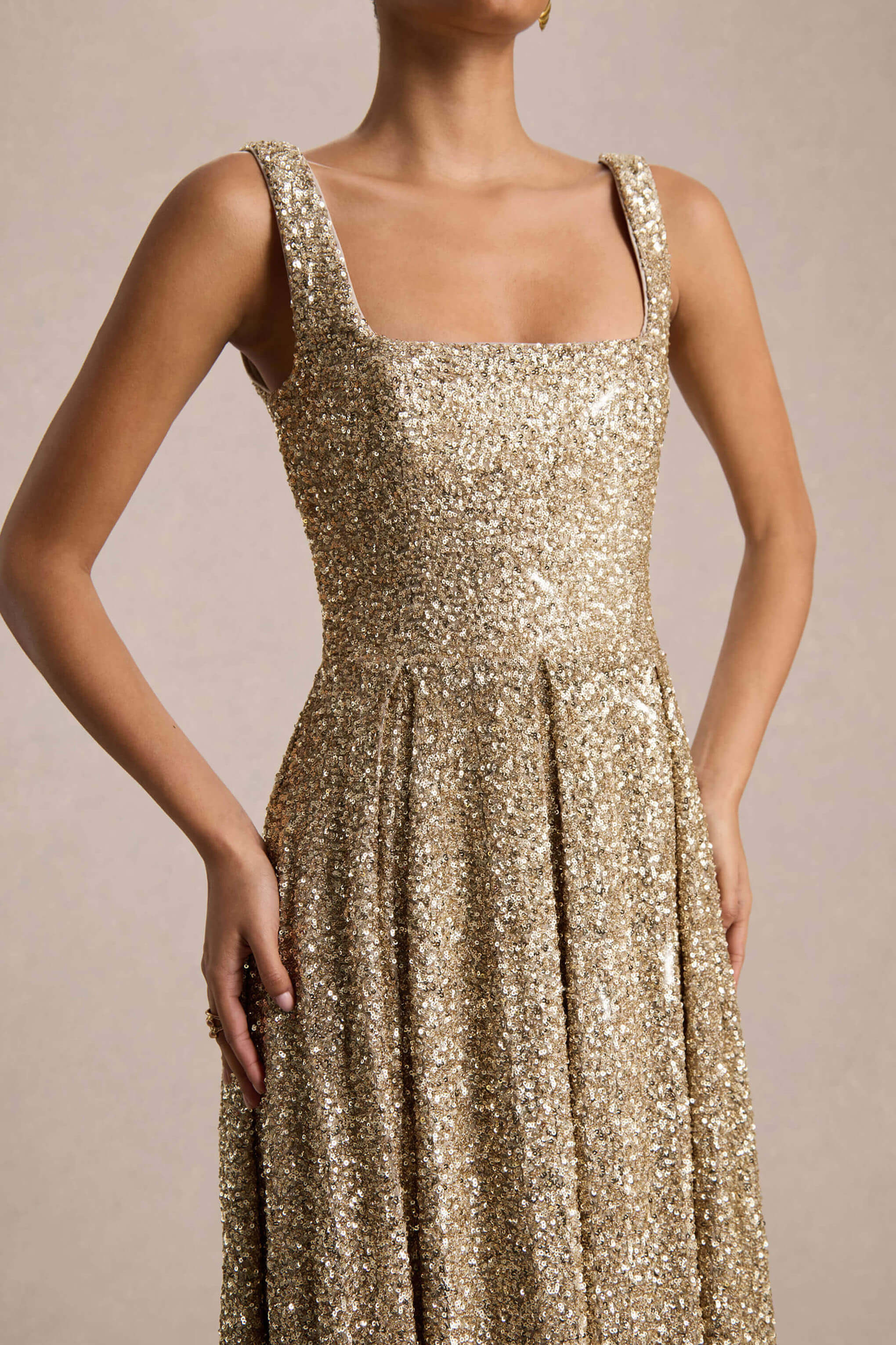 Lima | Champagne Sequin Square-Neck A-Line Midi Dress - Image 3