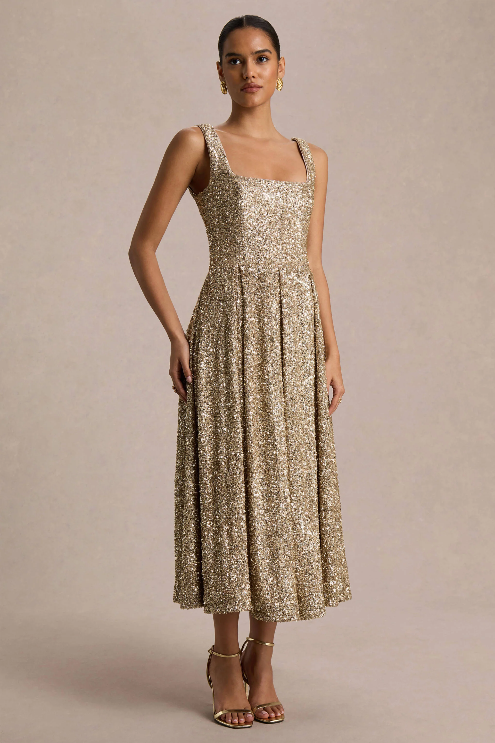 Lima | Champagne Sequin Square-Neck A-Line Midi Dress - Image 5