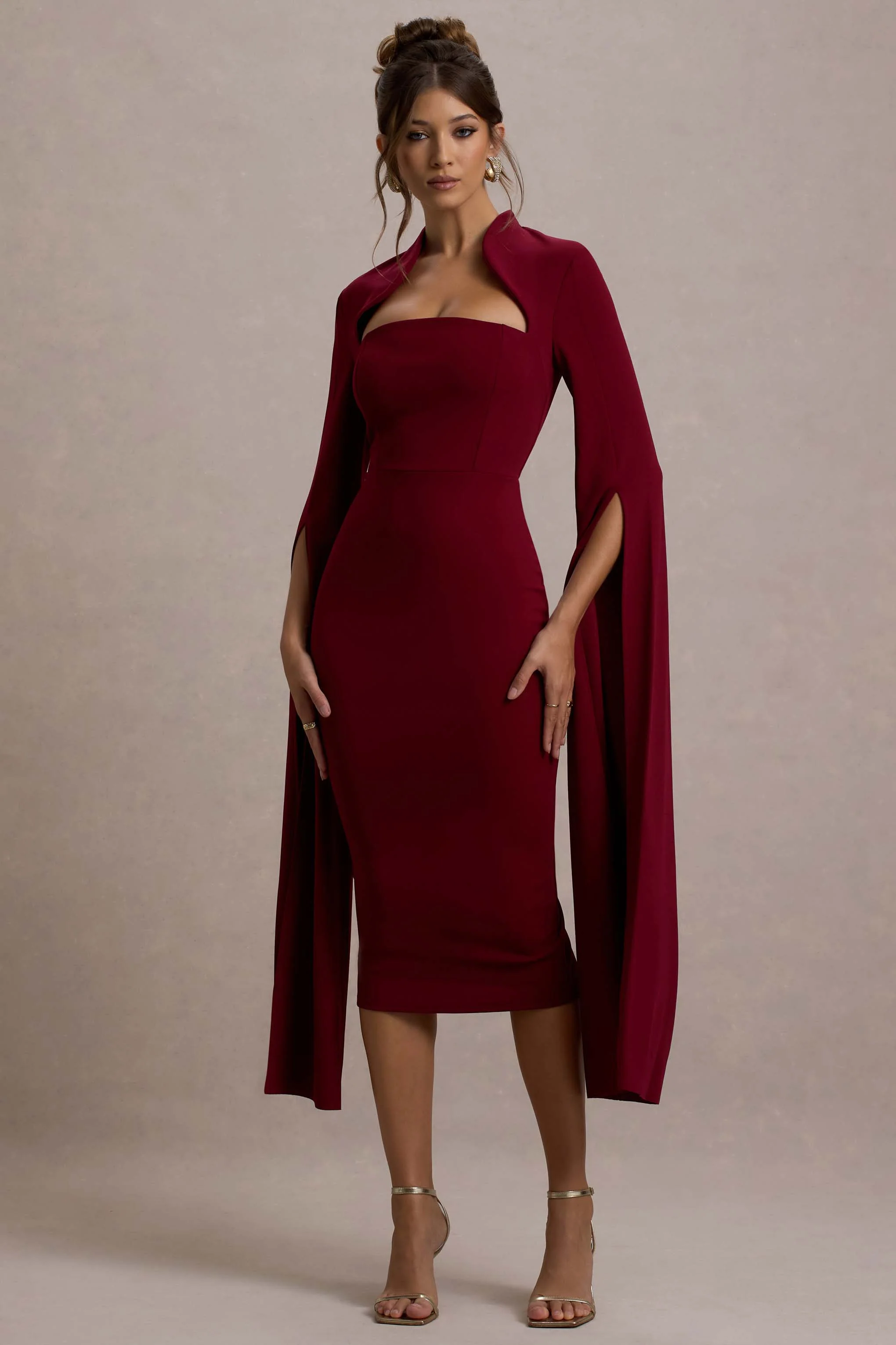 Linden | Berry Bodycon Cape-Sleeve Midi Dress - Image 4