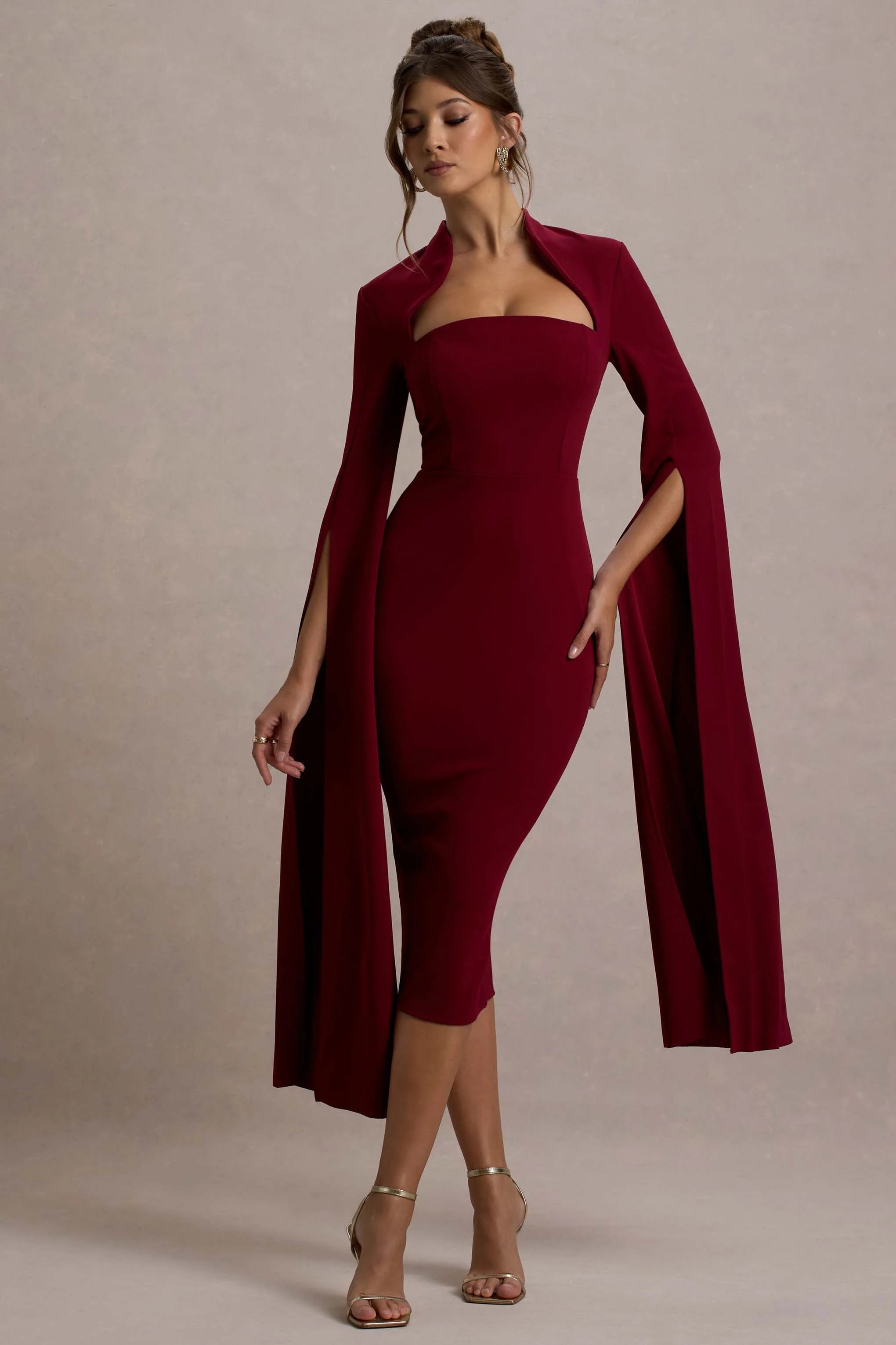 Linden | Berry Bodycon Cape-Sleeve Midi Dress - Image 5