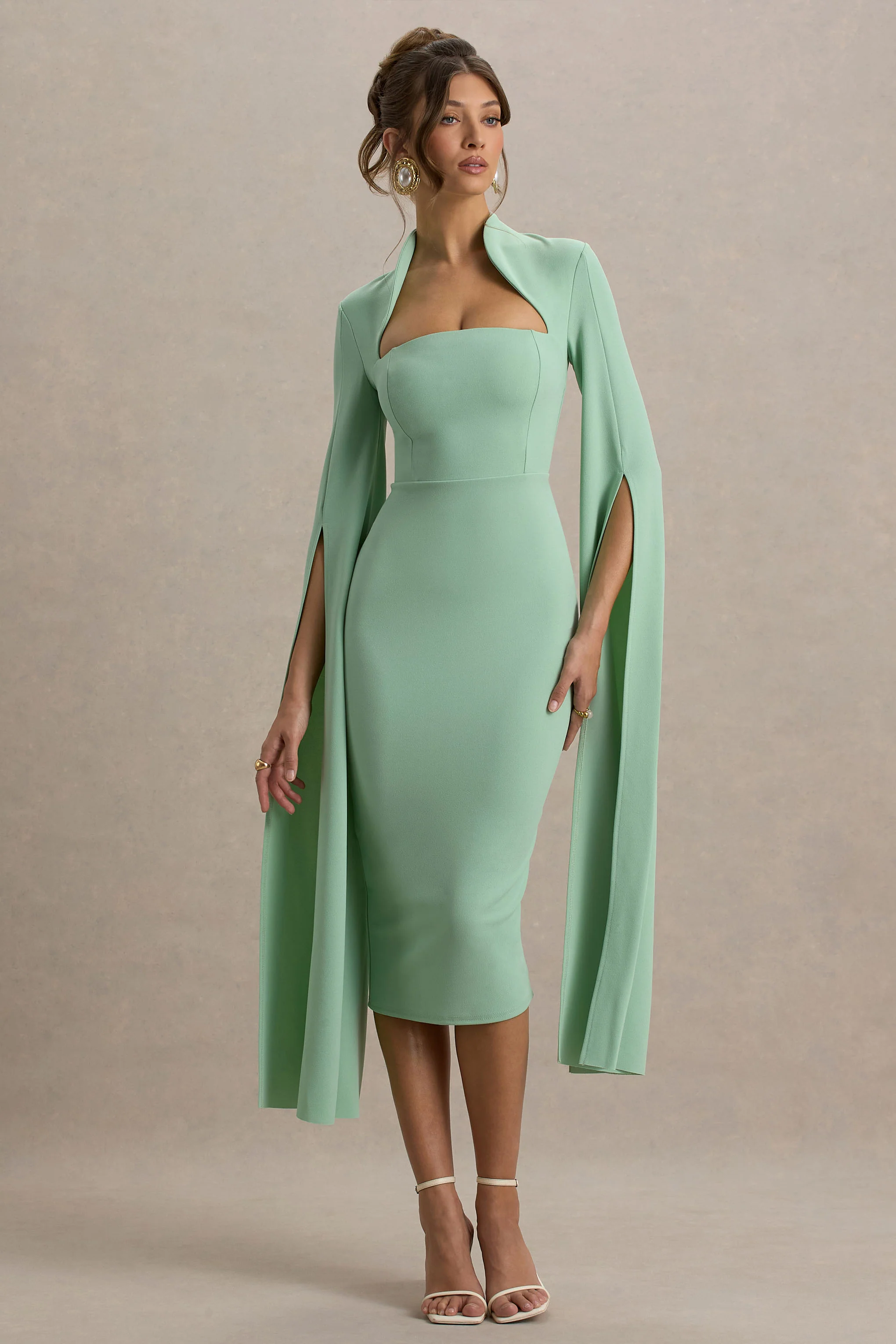 Linden | Light Green Bodycon Cape-Sleeve Midi Dress - Image 4