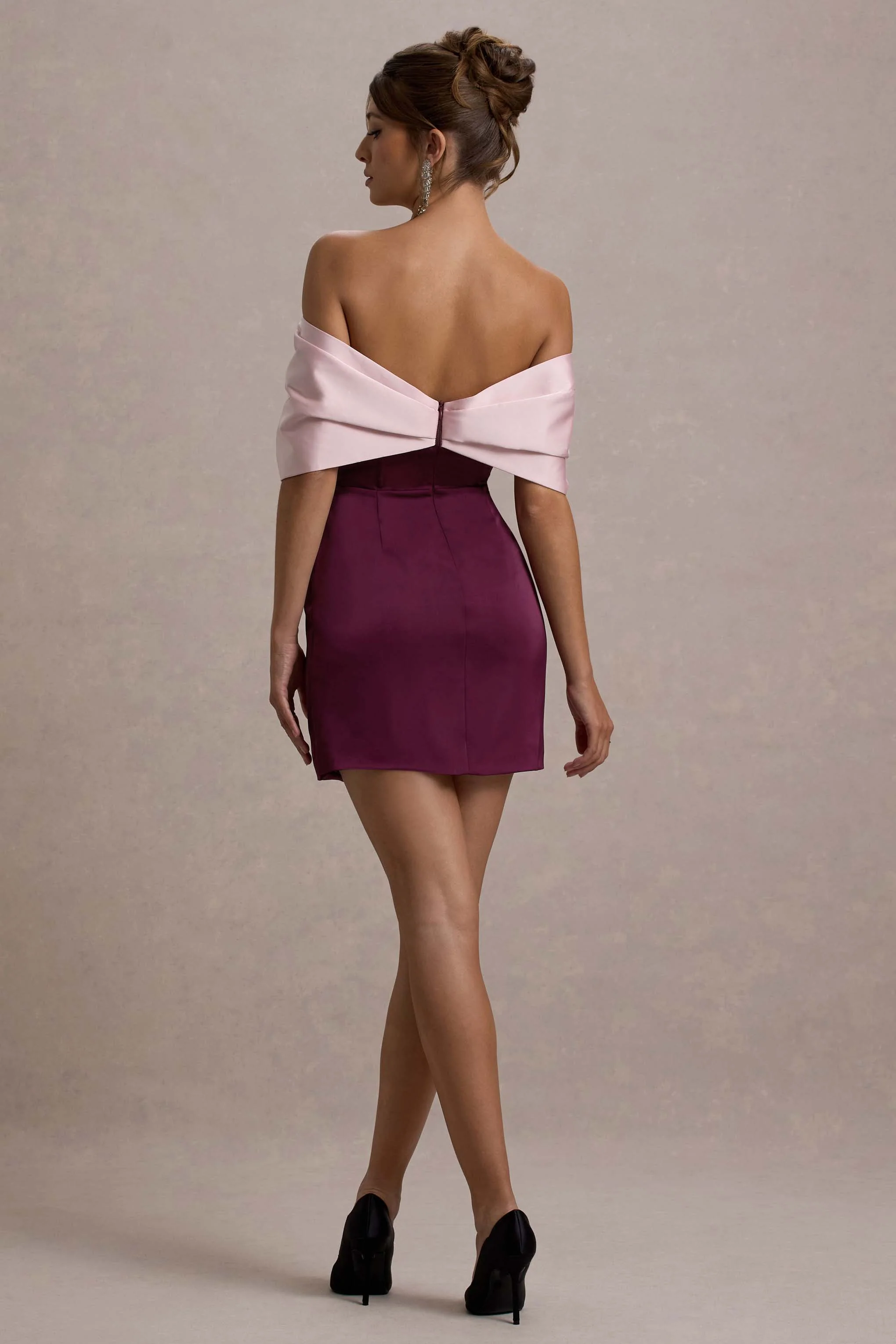 Linley | Burgundy & Pink Satin Bow Bardot Mini Dress - Image 2